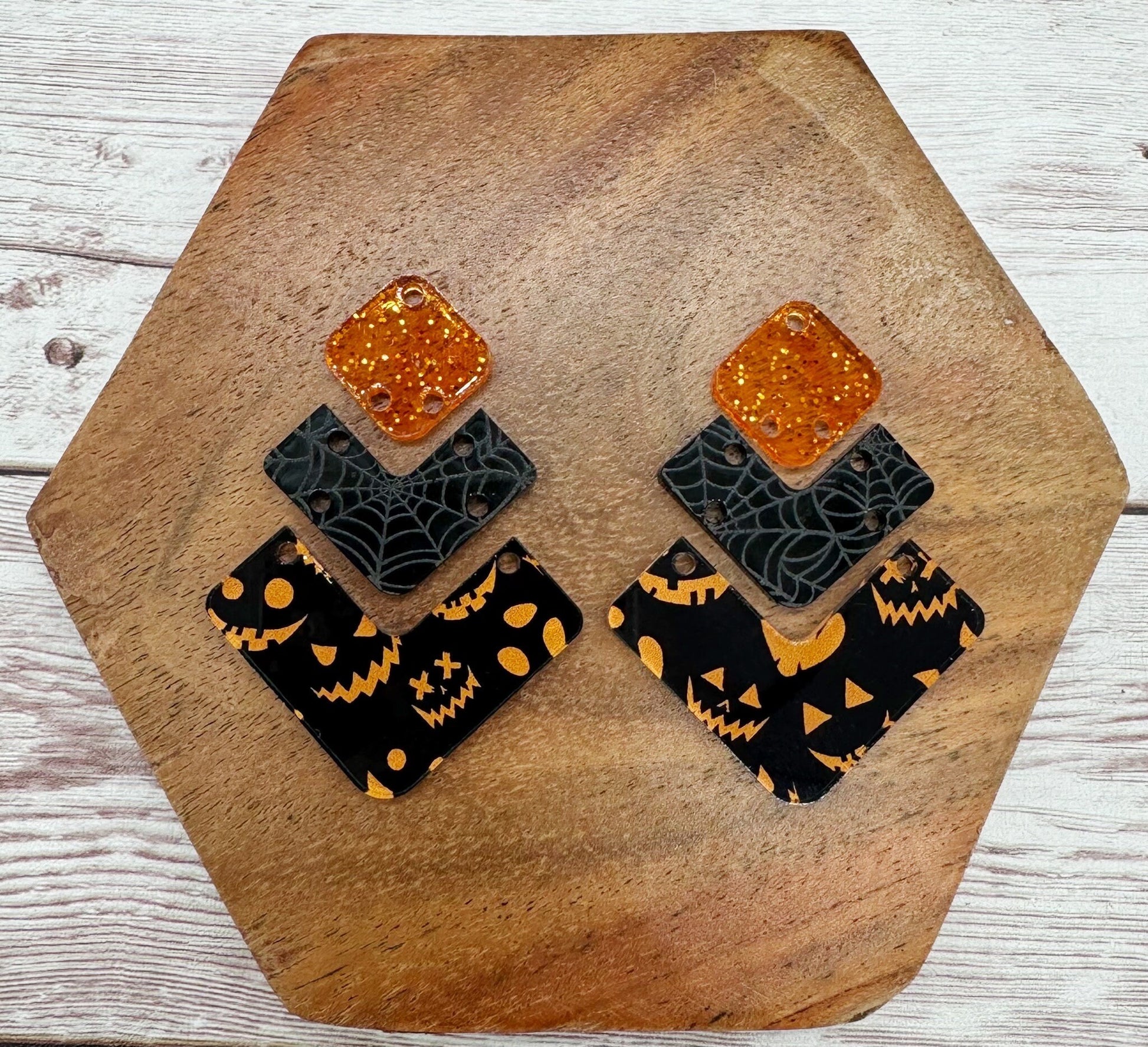 Halloween Pumpkin Faces Print Angled Trio Acrylic Earring Blanks, DIY Jewelry Making