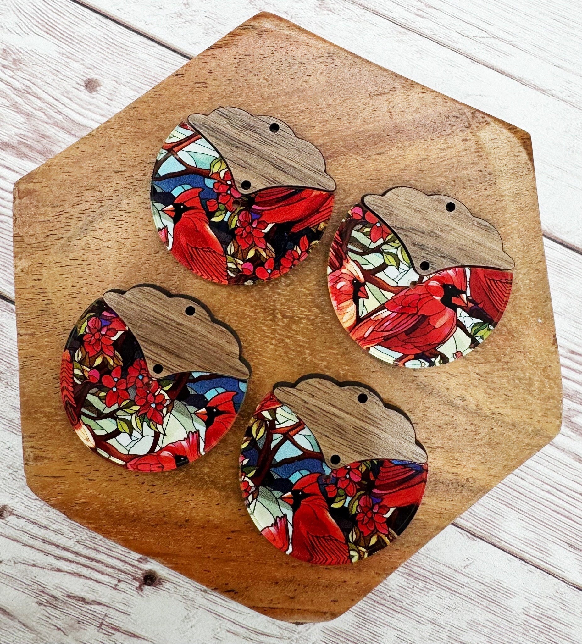 Cardinal Stained Glass Print Acrylic and Intricate Wood Connector Set Earring Blanks, DIY Jewelry Making