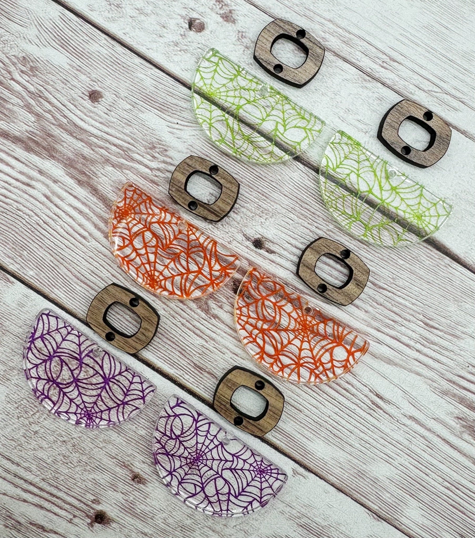 Set of 3 Pair Spider Web Print Acrylic and Wood Boho Connector Set, Halloween, Earring Blanks, DIY Jewelry Making