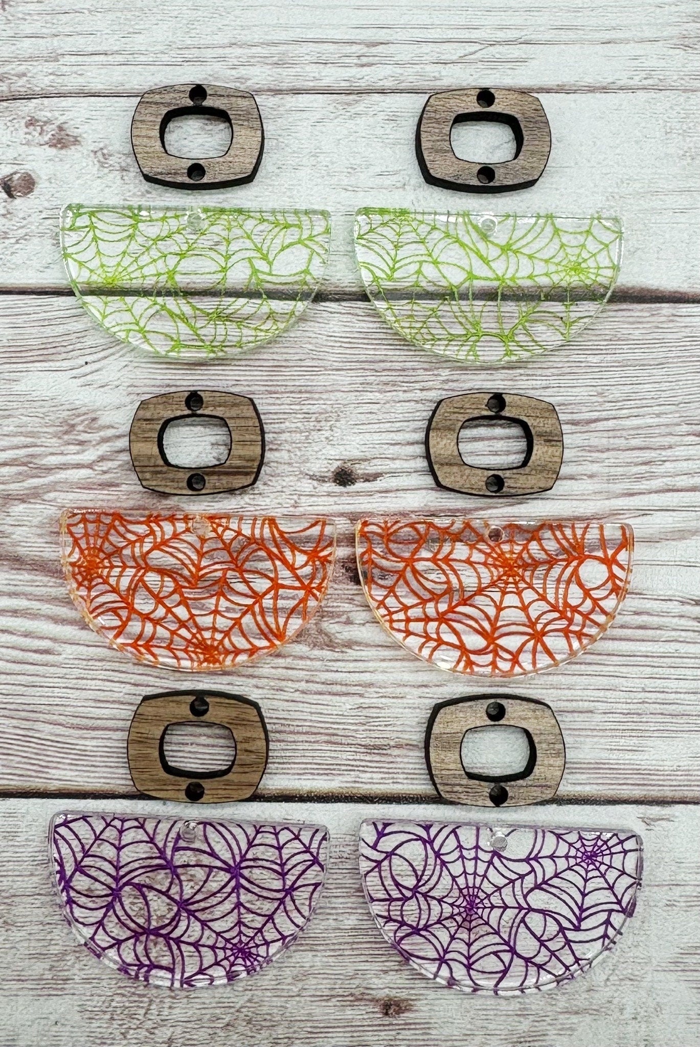 Set of 3 Pair Spider Web Print Acrylic and Wood Boho Connector Set, Halloween, Earring Blanks, DIY Jewelry Making