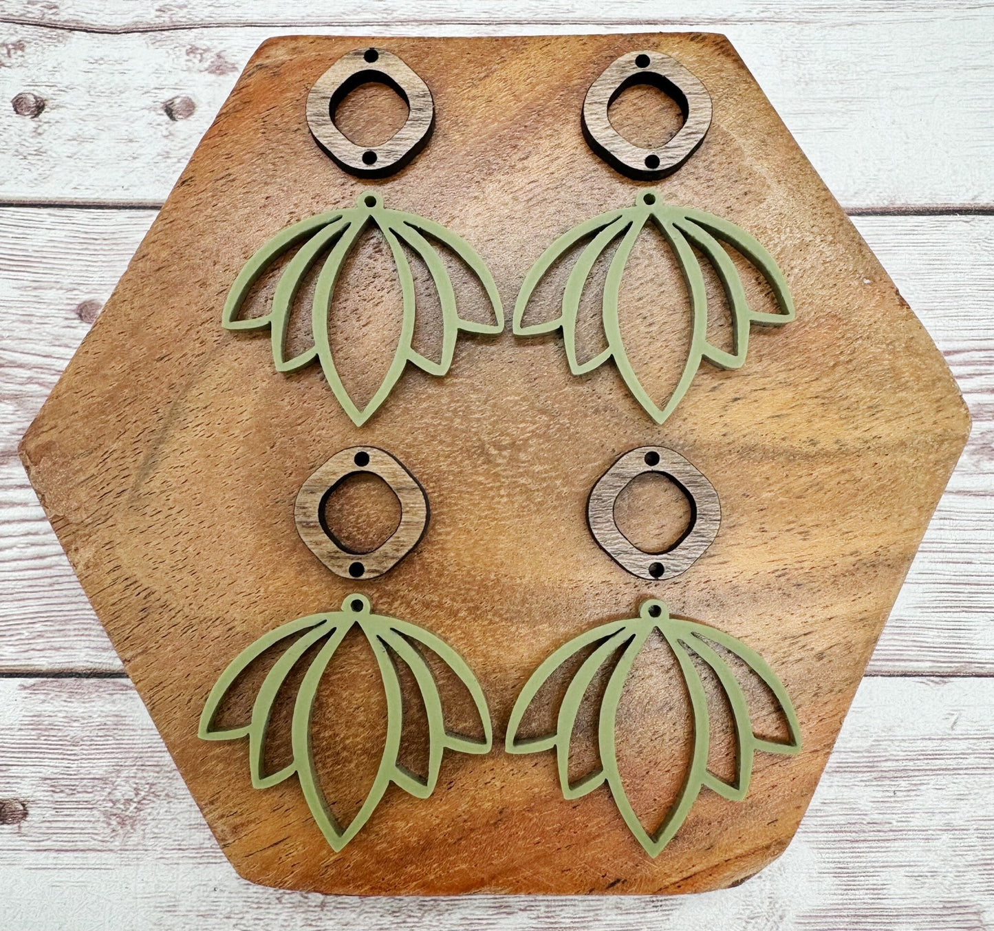 Olive Green Lotus Acrylic and Wood Connector Set Earring Blanks, DIY Jewelry Making