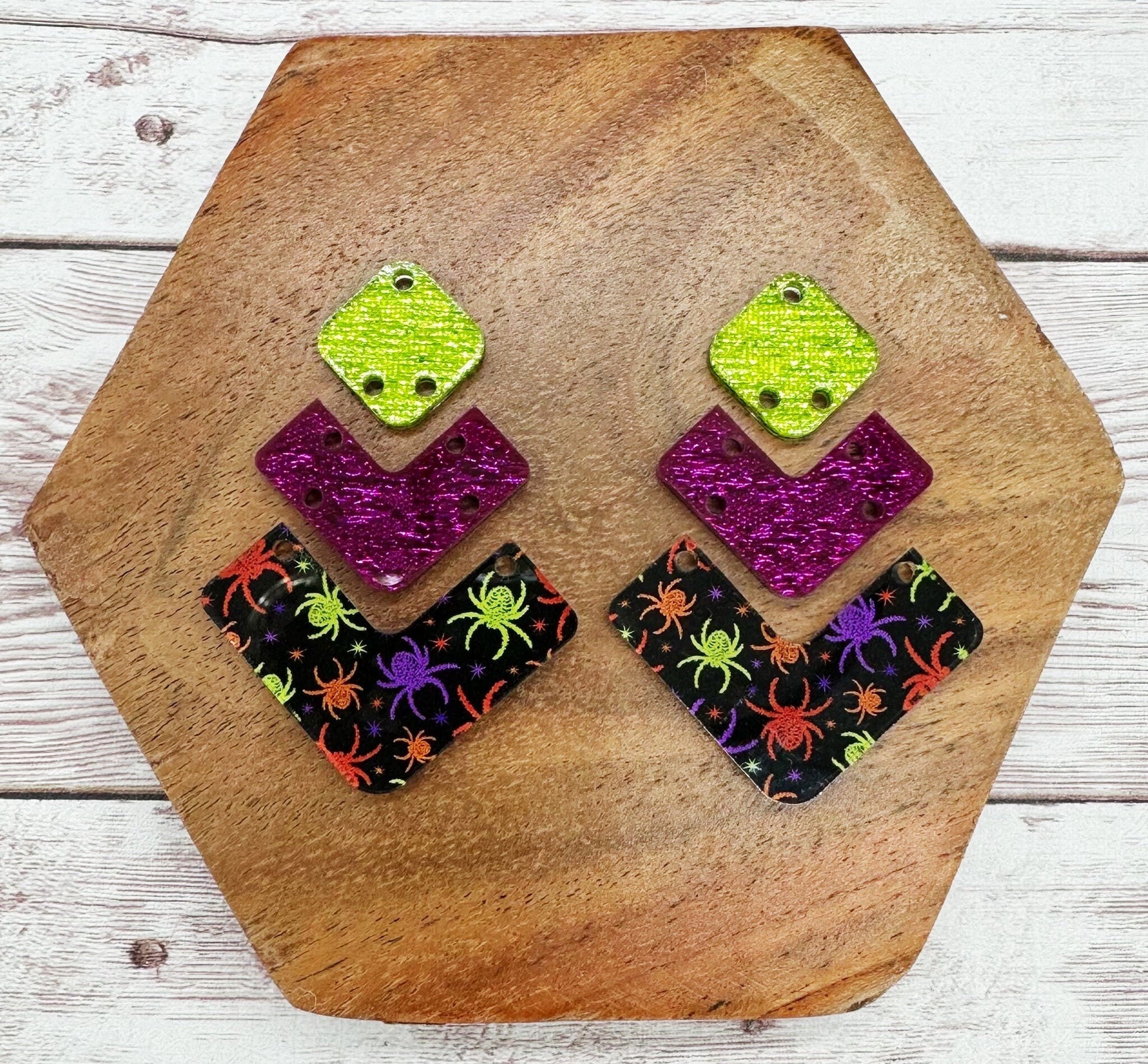 Neon Spider Print Angled Halloween Trio Acrylic Earring Blanks, DIY Jewelry Making