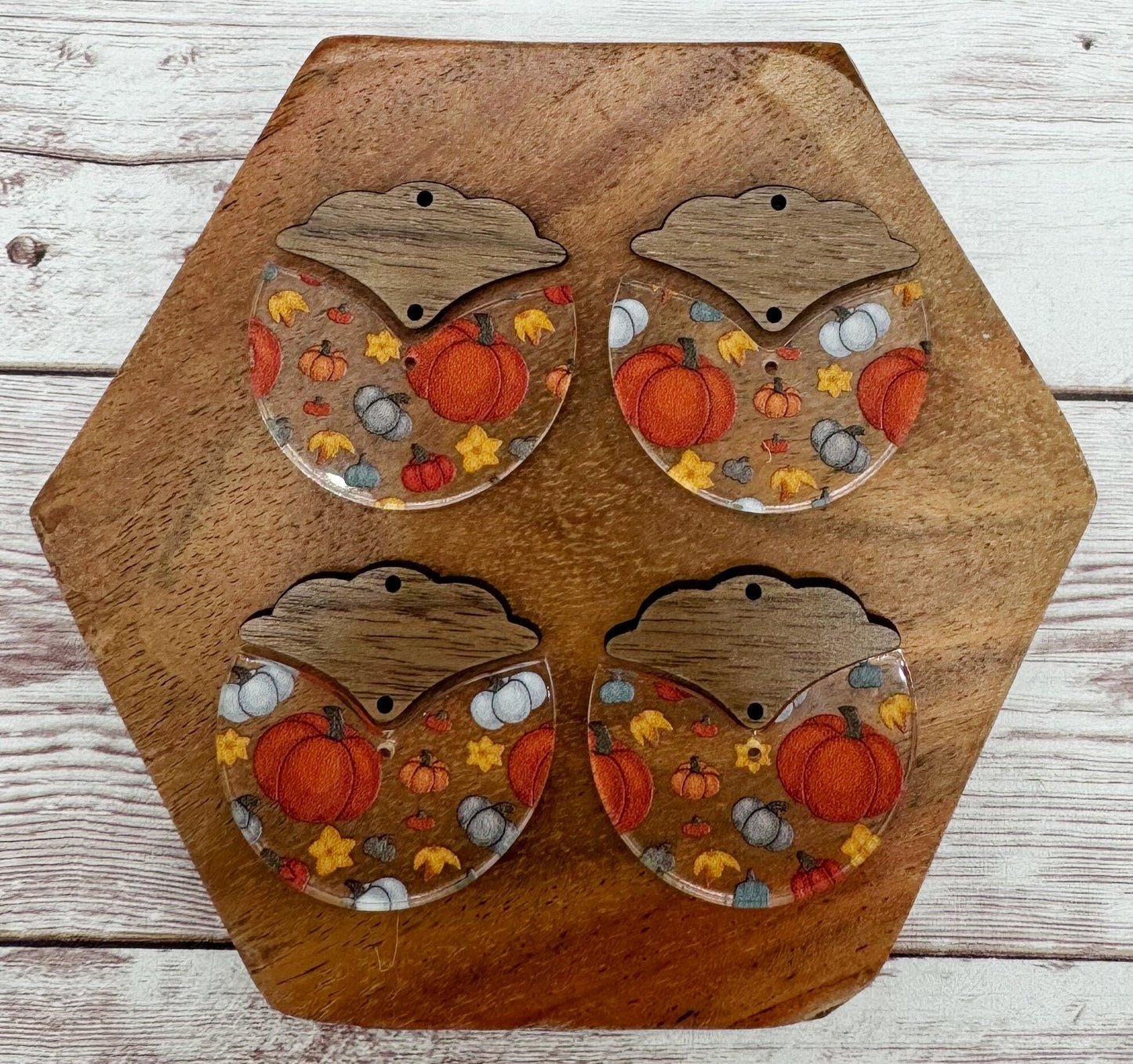 Pumpkin Print Acrylic and Intricate Wood Connector Set Fall Halloween Earring Blanks, DIY Jewelry Making