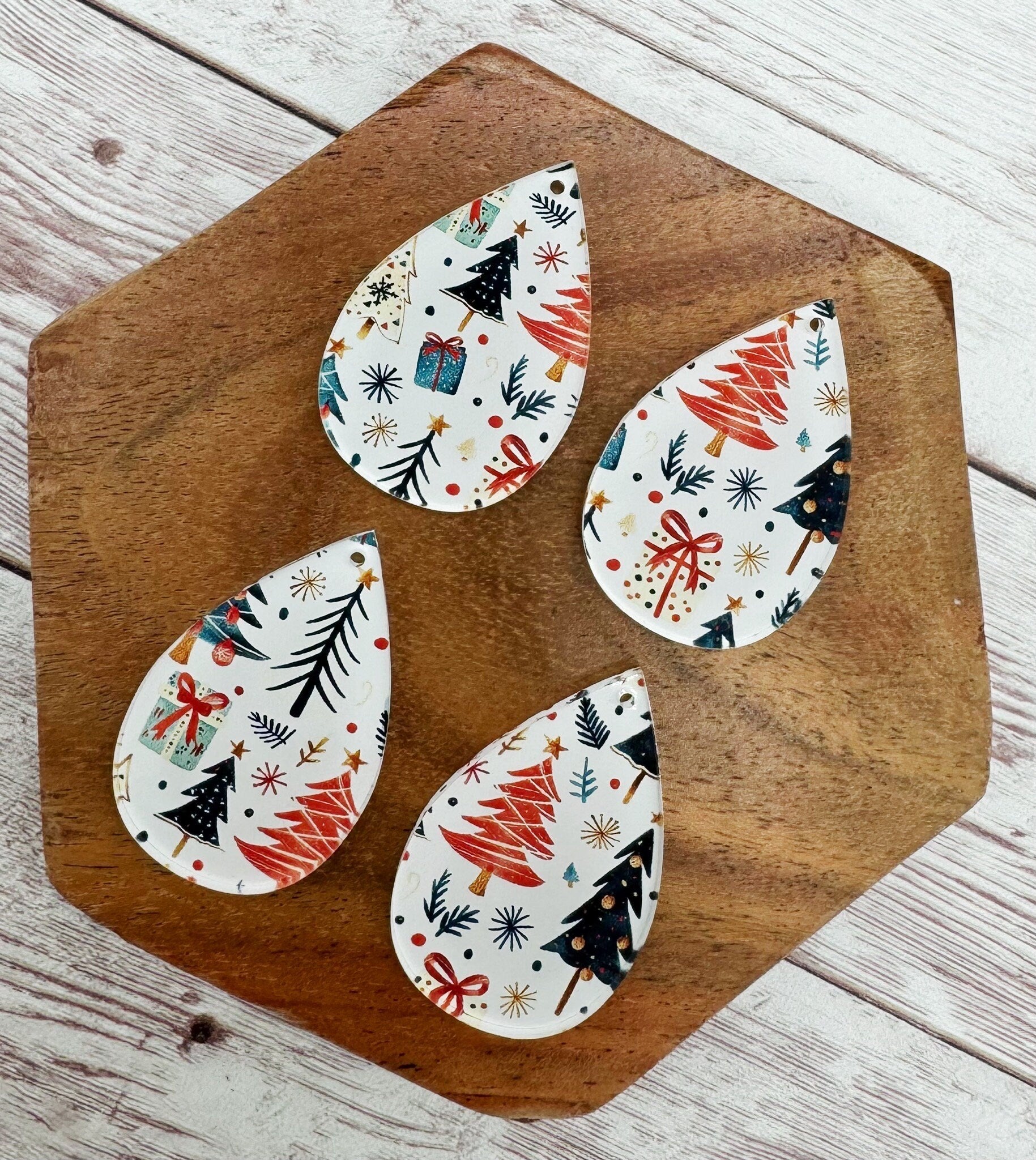 White Print Christmas Tree and Present Print Acrylic Teardrop Earring Blanks, DIY Jewelry Making