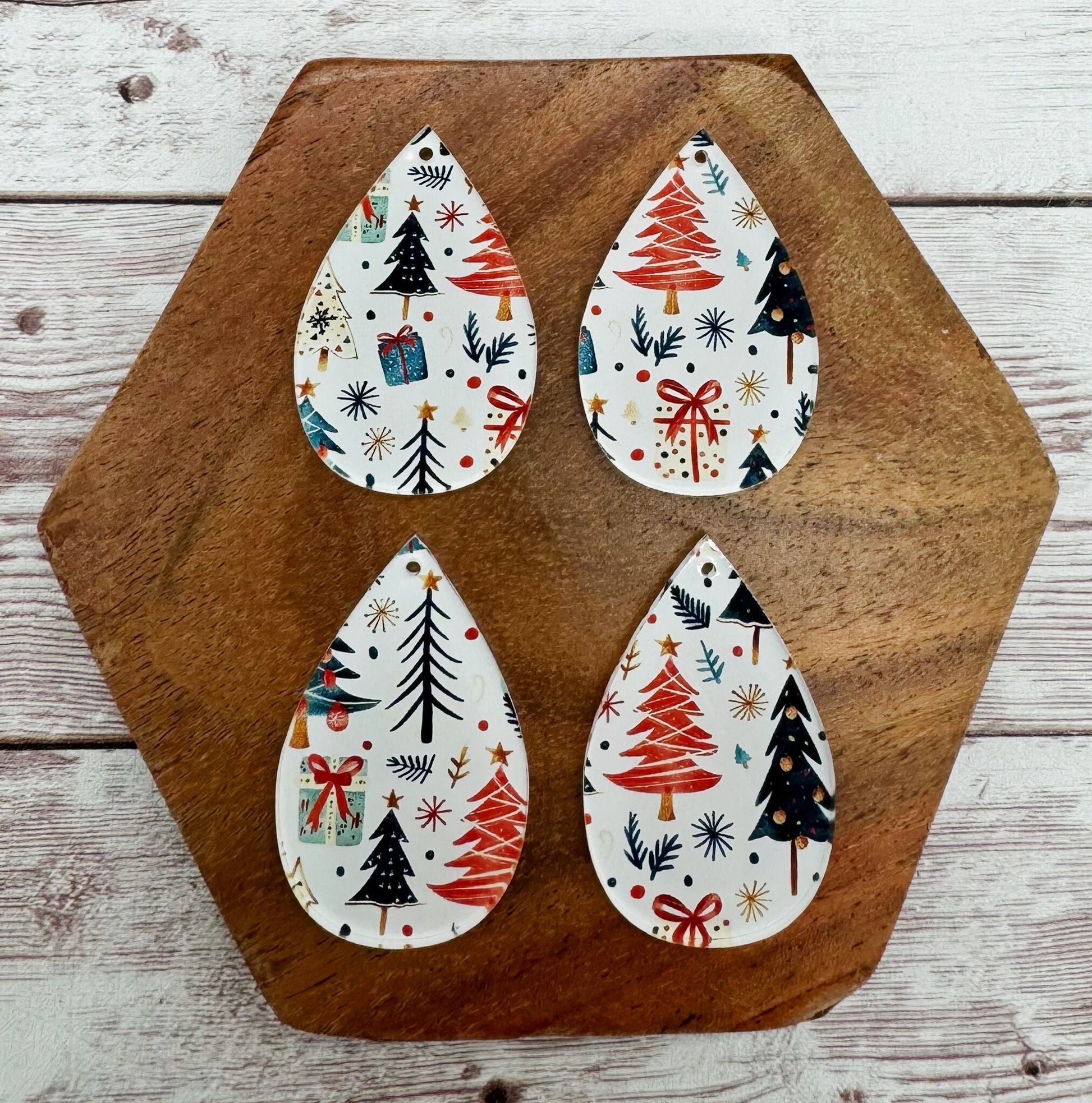 White Print Christmas Tree and Present Print Acrylic Teardrop Earring Blanks, DIY Jewelry Making