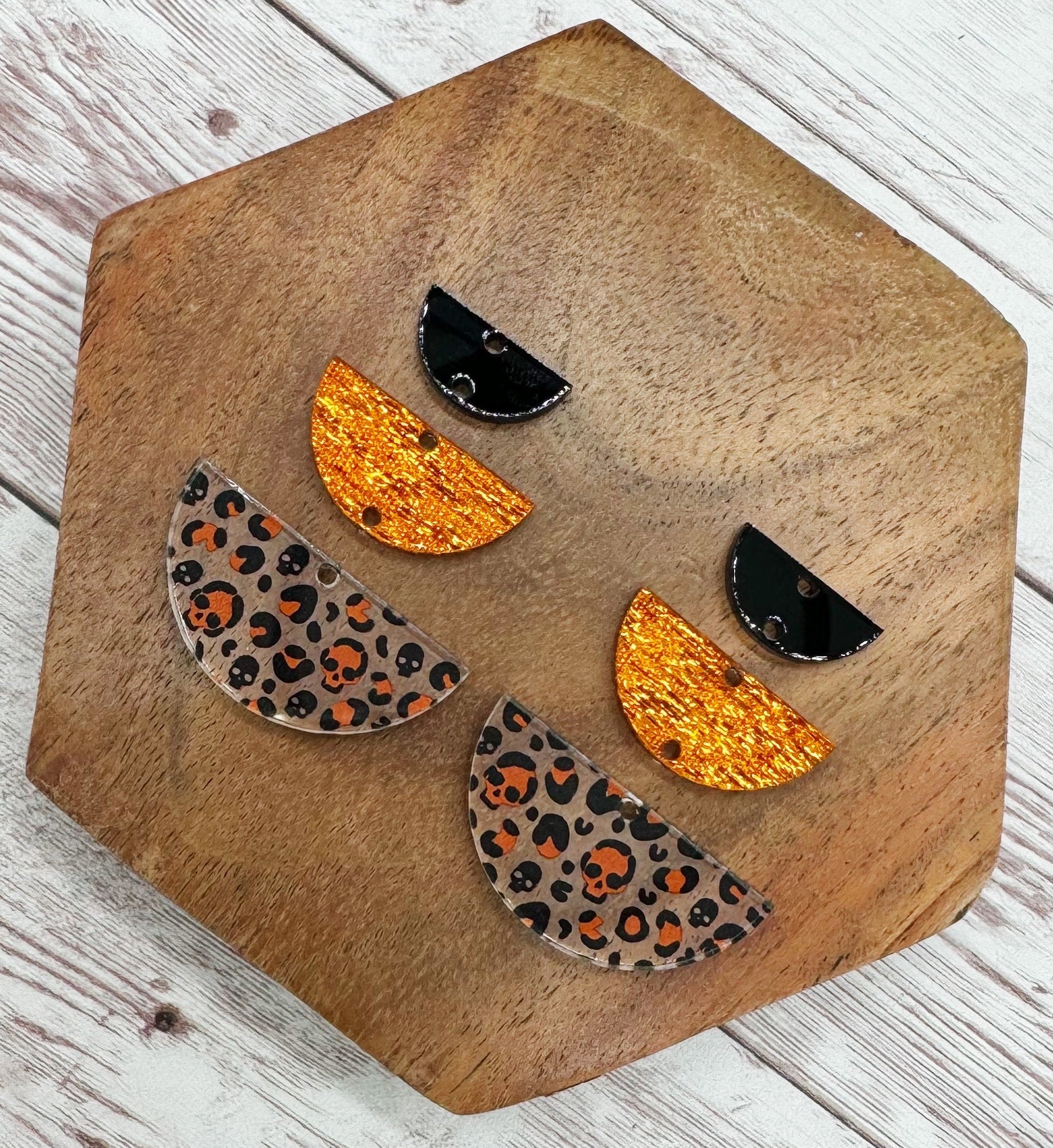 Leopard Print Orange Skull Acrylic, Linen Shimmer, and Black Acrylic Trio Earring Blanks, DIY Jewelry Making