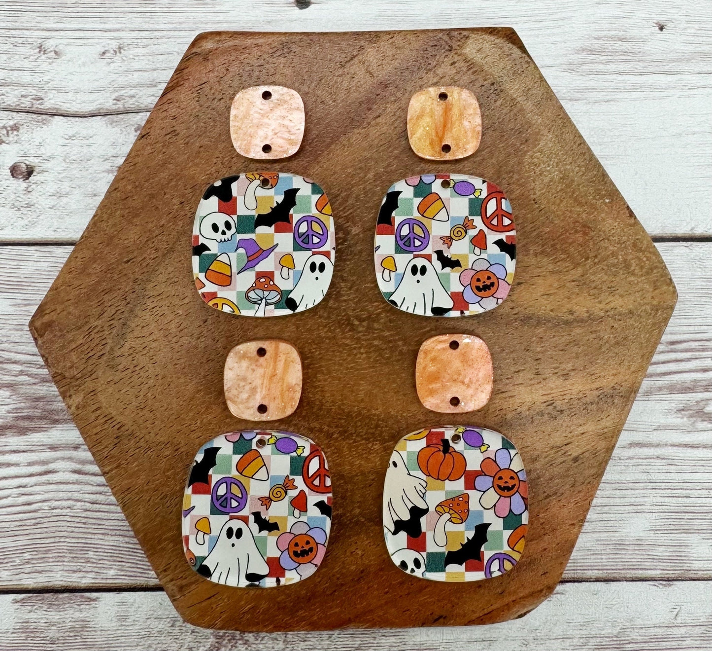 Groovy Print Halloween Rounded Square Connector Set Acrylic Earring Blanks, DIY Jewelry Making