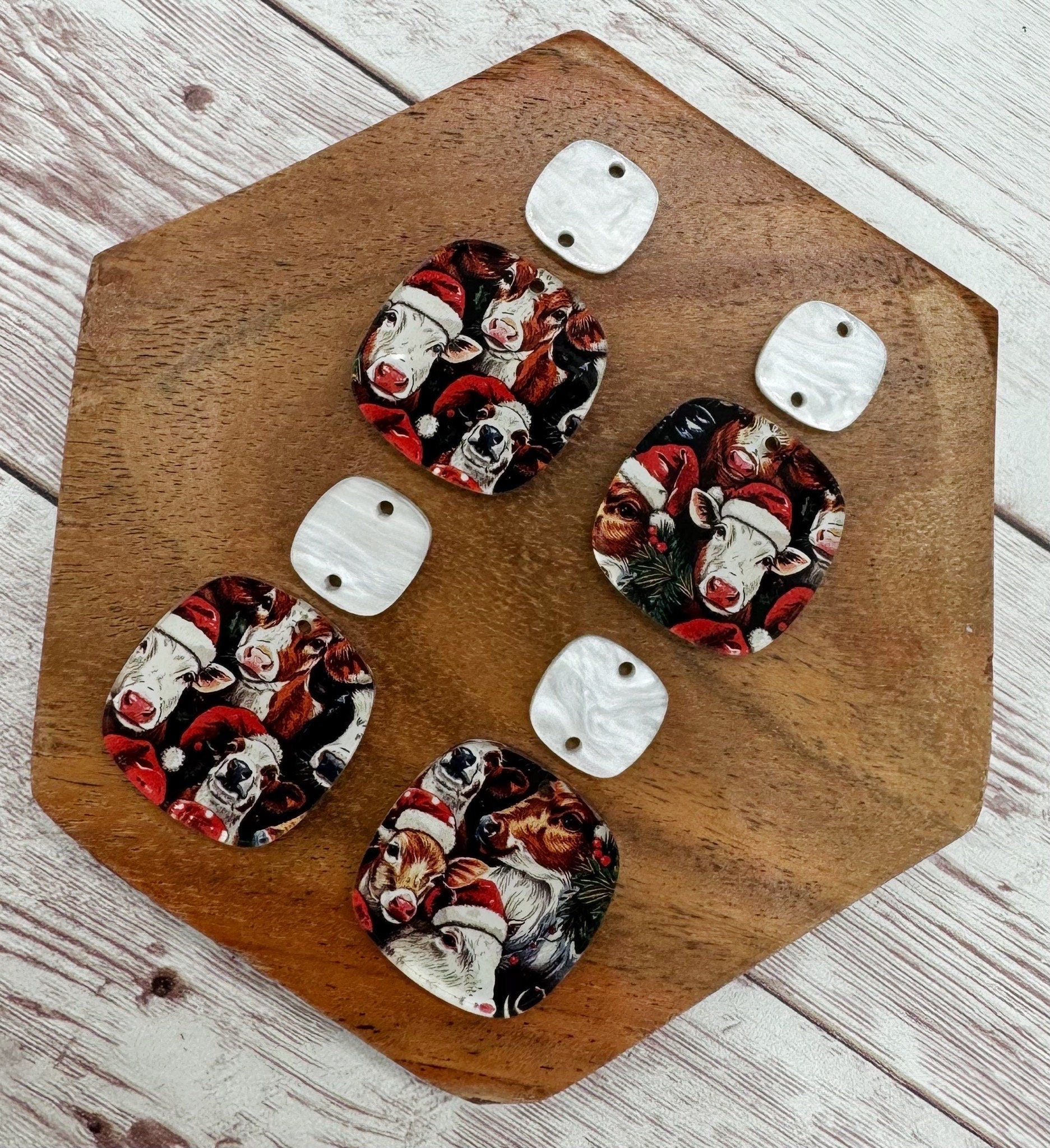 Christmas Holiday Cow Print Acrylic Rounded Square Earring Set Blanks, DIY Jewelry Making