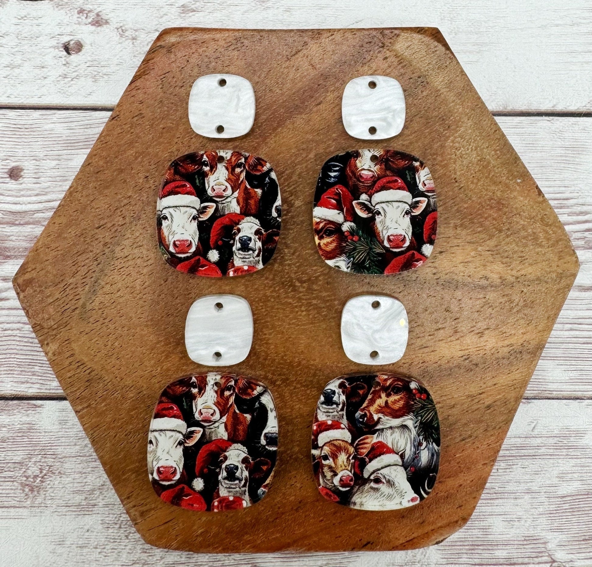 Christmas Holiday Cow Print Acrylic Rounded Square Earring Set Blanks, DIY Jewelry Making