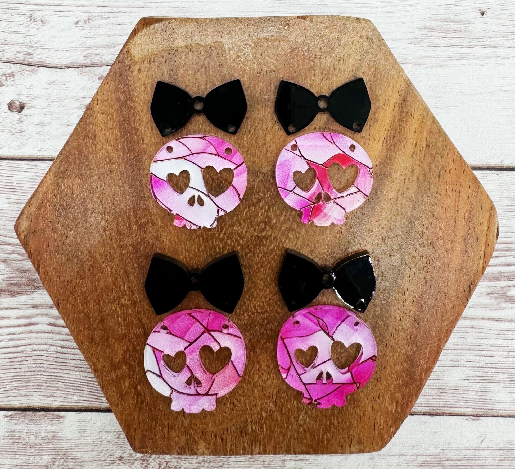 Pink Print Skull and Bow Halloween Print Acrylic Earring Blanks, DIY Jewelry Making