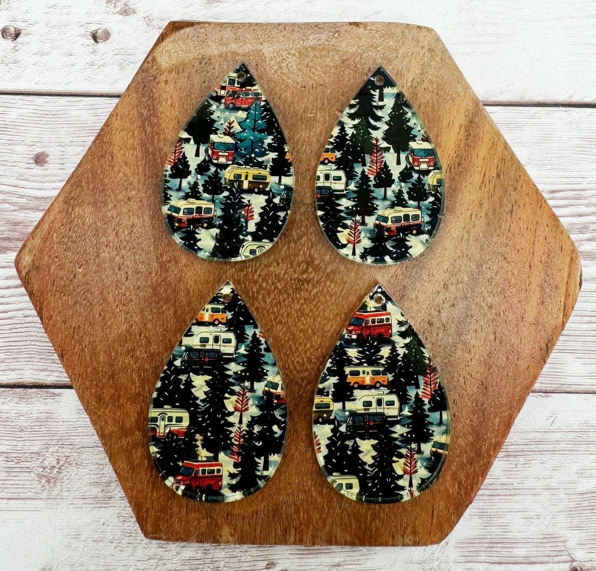 Vintage Camper Winter Forest Print Christmas Acrylic Teardrop Earring Blanks, DIY Jewelry Making