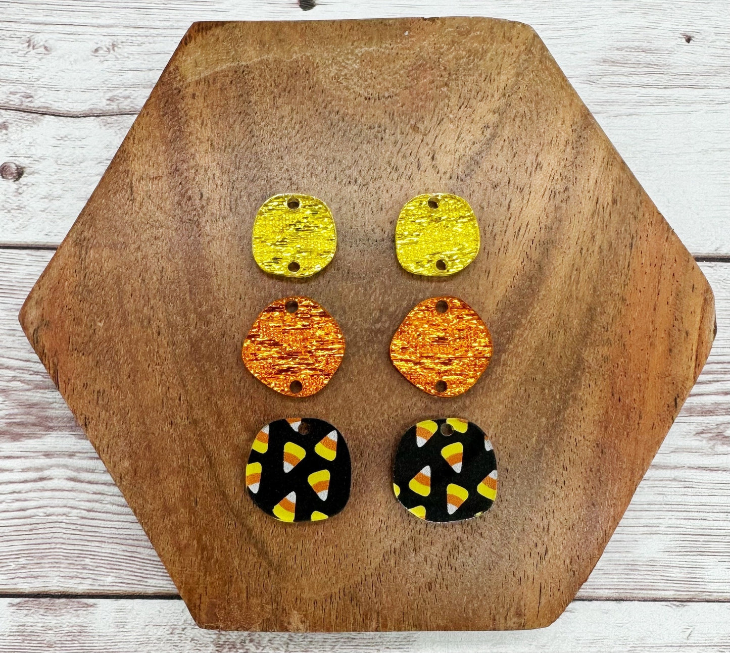 Candy Corn Print and Linen Shimmer Halloween Trio Acrylic Earring Blanks, DIY Jewelry Making