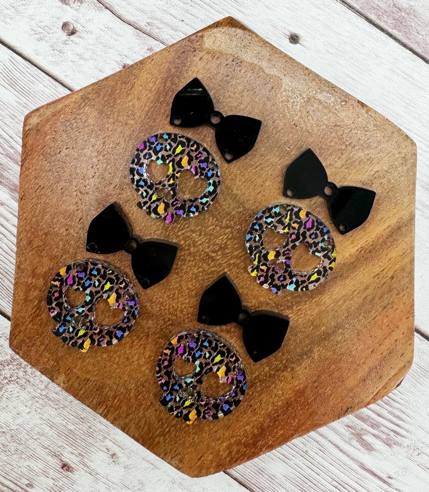 Rainbow Leopard Print Skull and Bow Halloween Print Acrylic Earring Blanks, DIY Jewelry Making