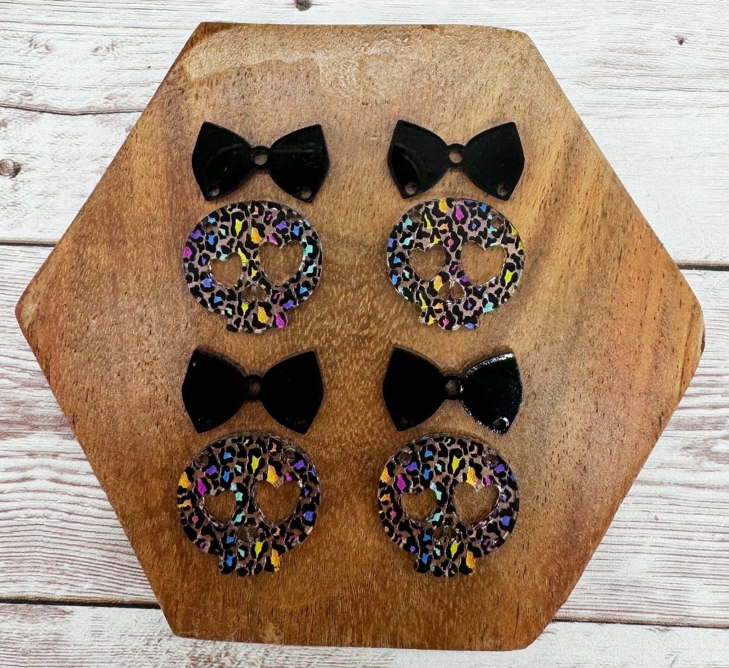 Rainbow Leopard Print Skull and Bow Halloween Print Acrylic Earring Blanks, DIY Jewelry Making