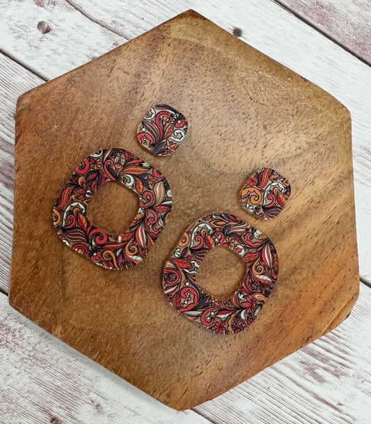 Patterned Fall Filigree Print Acrylic Rounded Open Square and Connector Set Earring Blanks, DIY Jewelry Making