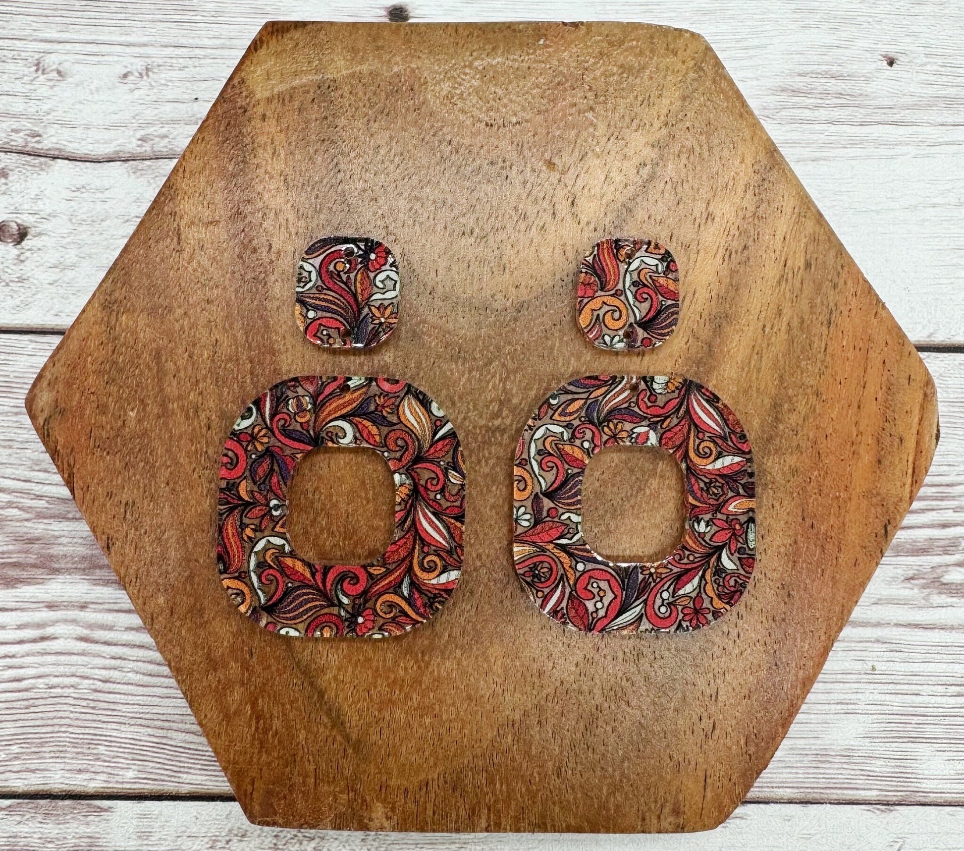 Patterned Fall Filigree Print Acrylic Rounded Open Square and Connector Set Earring Blanks, DIY Jewelry Making