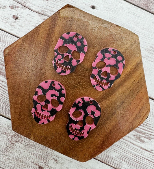 Pink Leopard Print Sugar Skull Halloween Acrylic Earring Blanks, DIY Jewelry Making