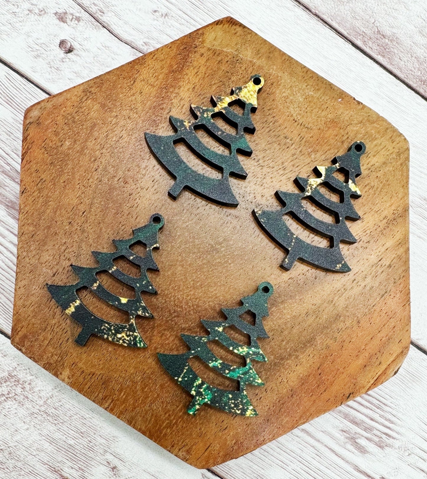 Emerald Green and Gold Print Acrylic Christmas Tree Earring Blanks, DIY Jewelry Making