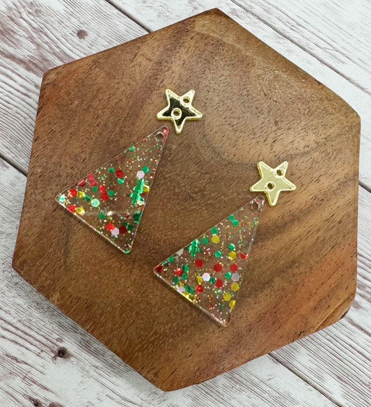 Christmas Glitter Christmas Tree with Mirrored Gold Star Connector Acrylic Earring Blanks, DIY Jewelry Making