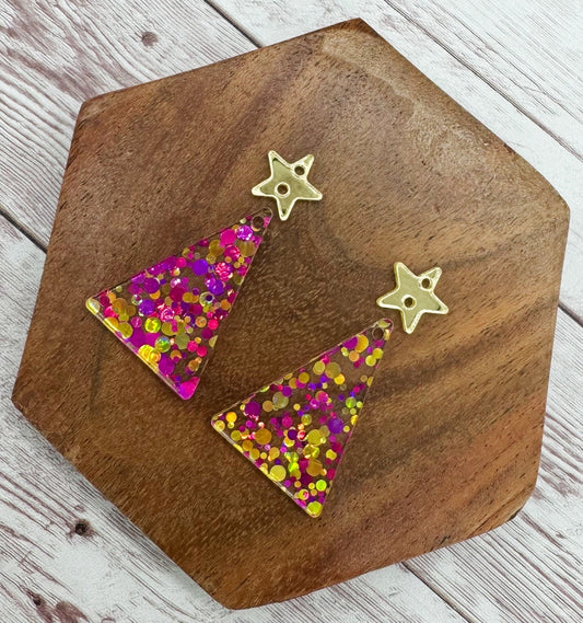 Pink Glitter Dot Christmas Tree with Mirrored Gold Star Connector Acrylic Earring Blanks, DIY Jewelry Making