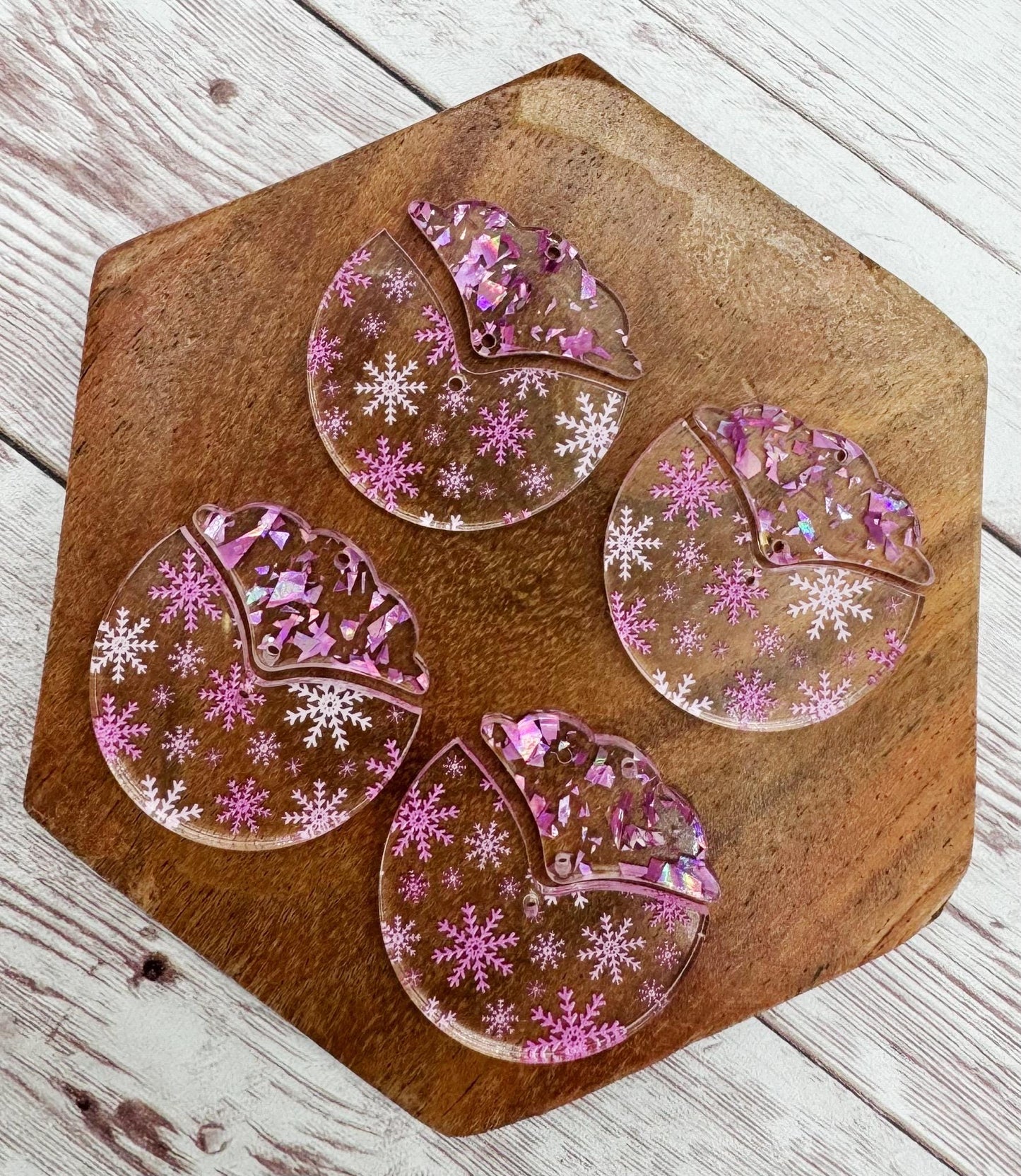 Pink Snowflake Print Acrylic Intricate Glitter Flake Connector Set Earring Blanks, DIY Jewelry Making