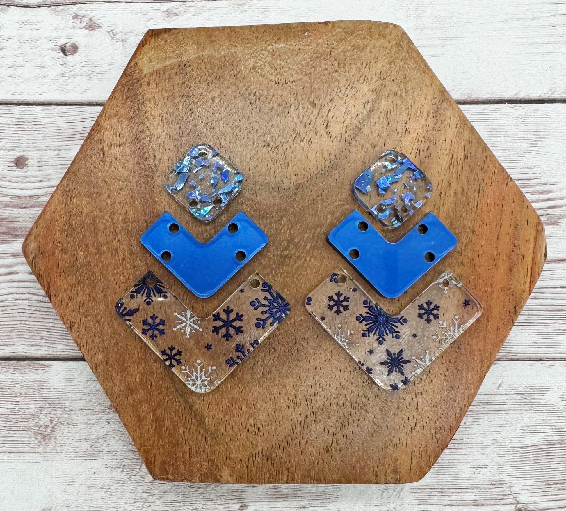 Patterned Blue Snowflake Print Angled Trio Acrylic Earring Blank Set, DIY Jewelry Making