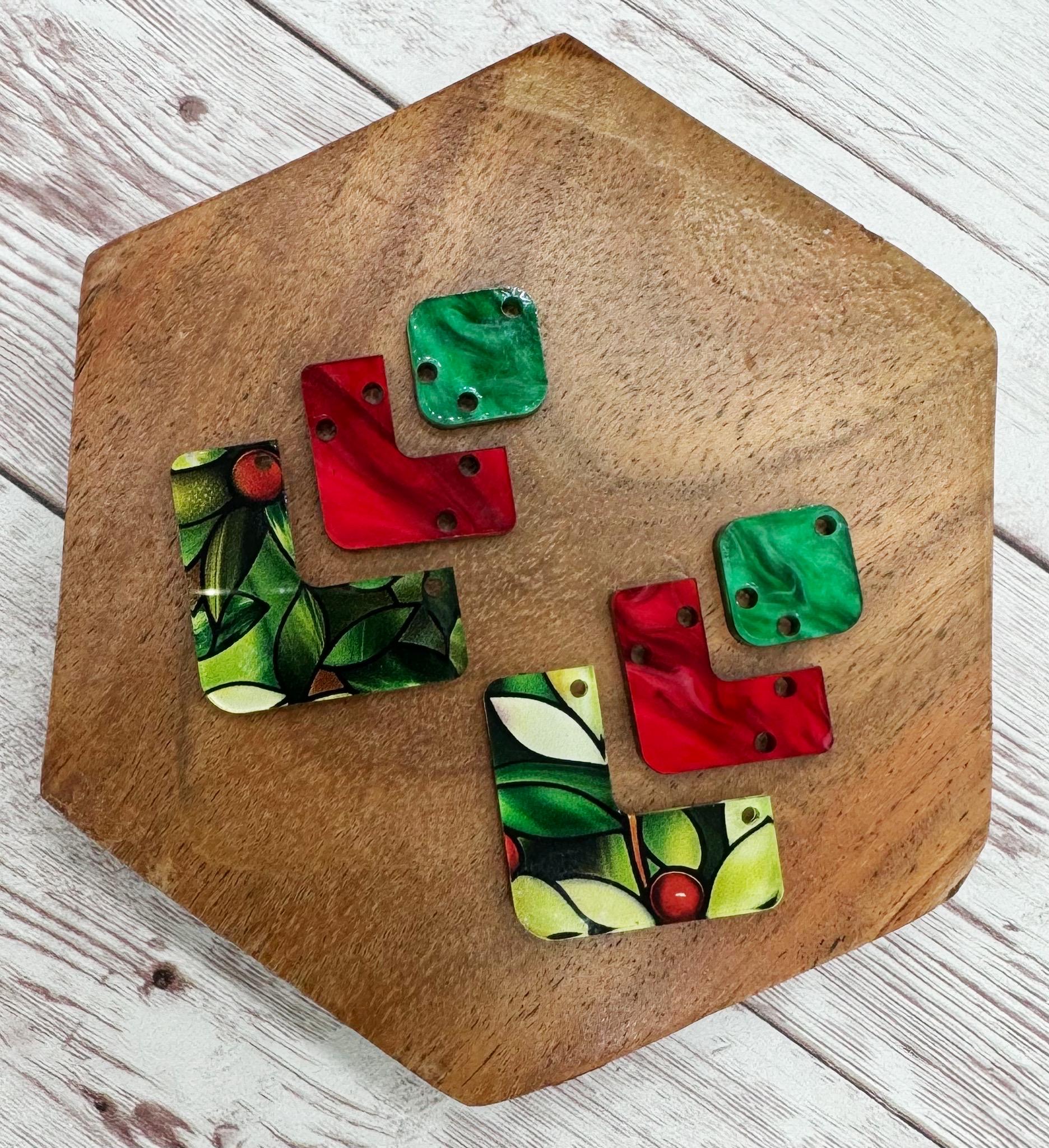 Patterned Stained Glass Mistletoe Print Angled Trio Acrylic Earring Blank Set, DIY Jewelry Making