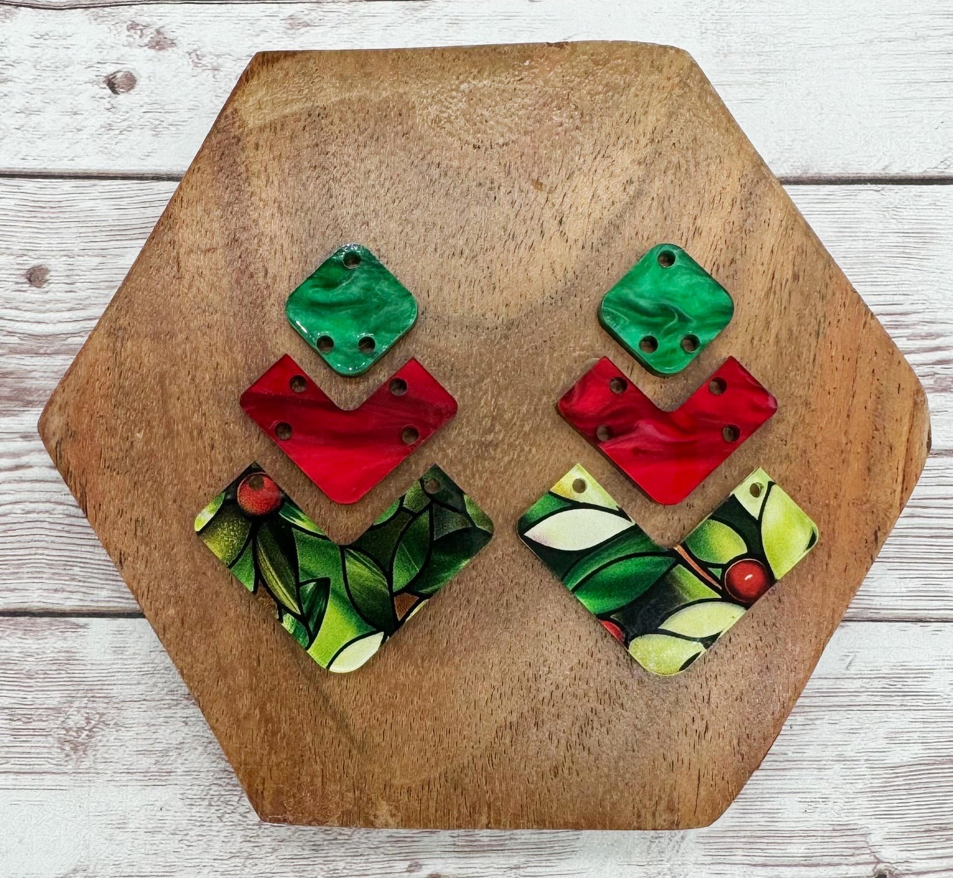 Patterned Stained Glass Mistletoe Print Angled Trio Acrylic Earring Blank Set, DIY Jewelry Making