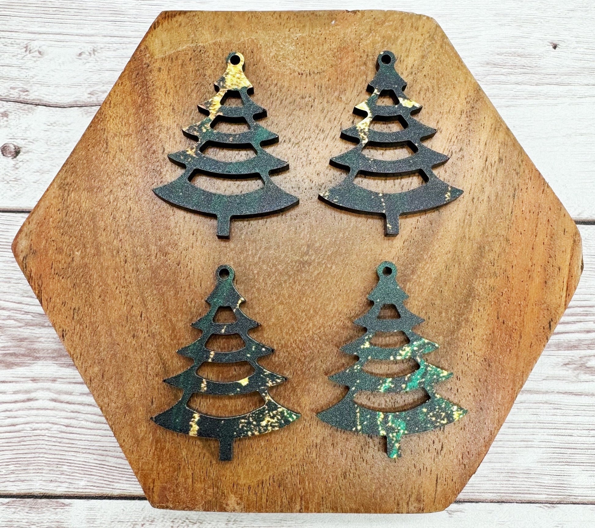 Emerald Green and Gold Print Acrylic Christmas Tree Earring Blanks, DIY Jewelry Making