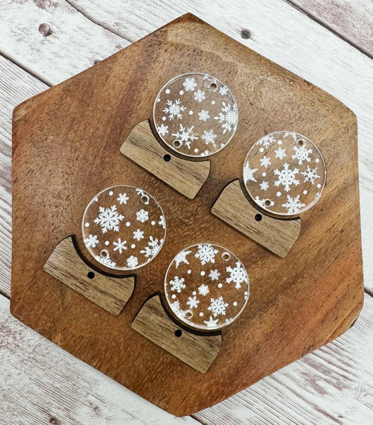 Winter Snowflake Print Snowglobe Wood and Acrylic Set Earring Blanks, DIY Jewelry Making