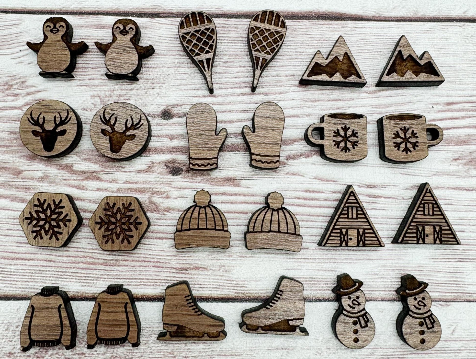 Wood Engraved Winter Christmas Stud Set of 12 Pair Earring Blanks DIY Jewelry Making