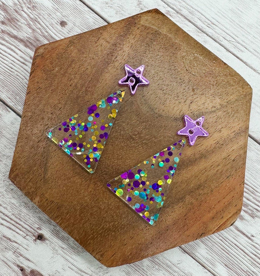 Purple Glitter Dot Christmas Tree with Mirrored Purple Star Connector Acrylic Earring Blanks, DIY Jewelry Making