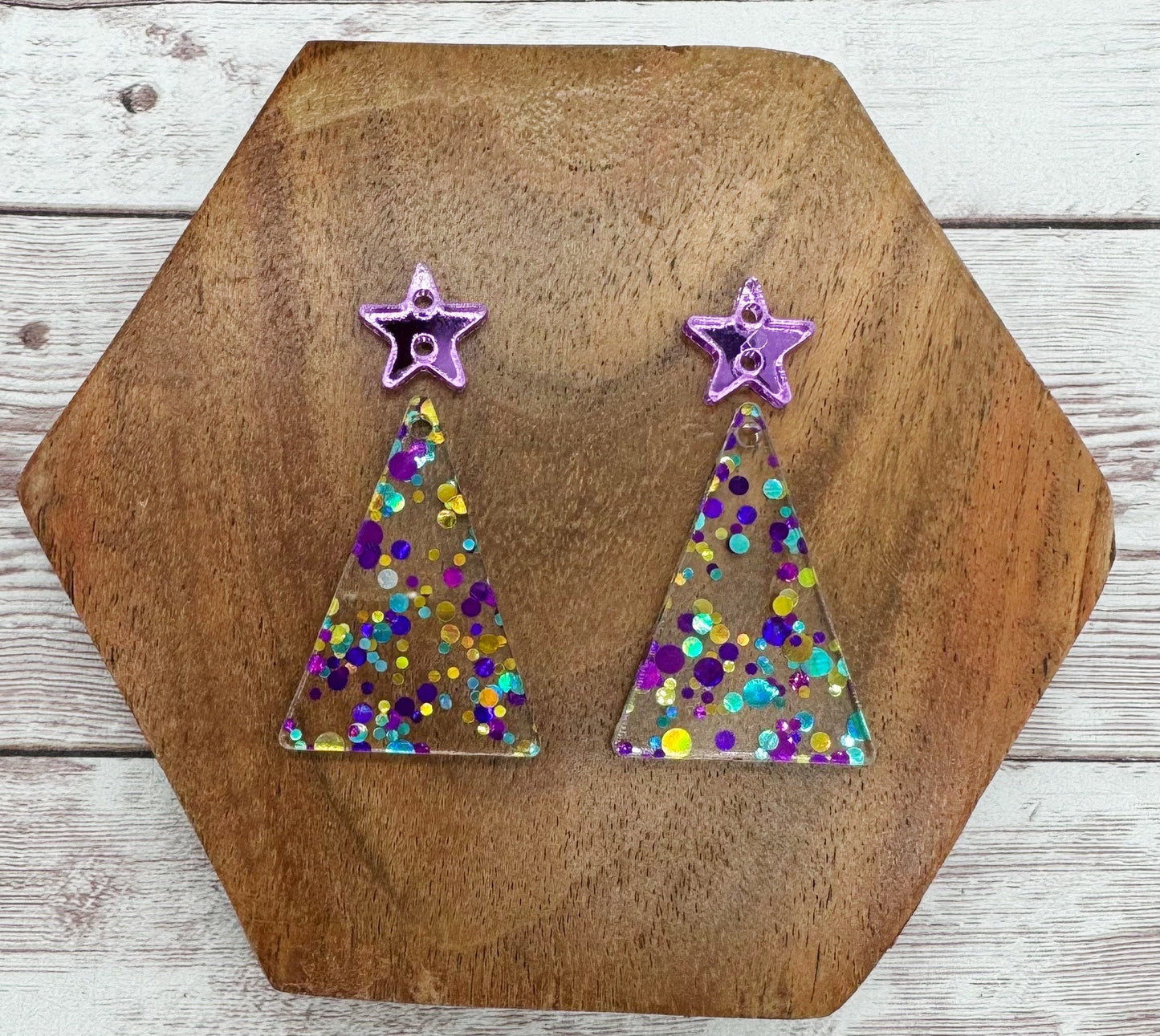 Purple Glitter Dot Christmas Tree with Mirrored Purple Star Connector Acrylic Earring Blanks, DIY Jewelry Making