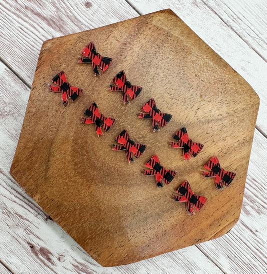 Red Buffalo Plaid Acrylic Christmas Bow Stud Earring Blanks Set of 5 Pair DIY Jewelry Making