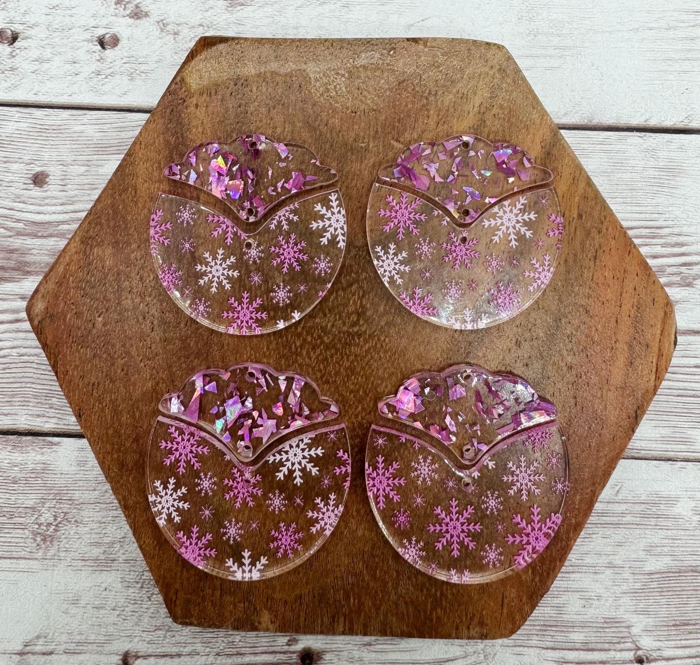 Pink Snowflake Print Acrylic Intricate Glitter Flake Connector Set Earring Blanks, DIY Jewelry Making