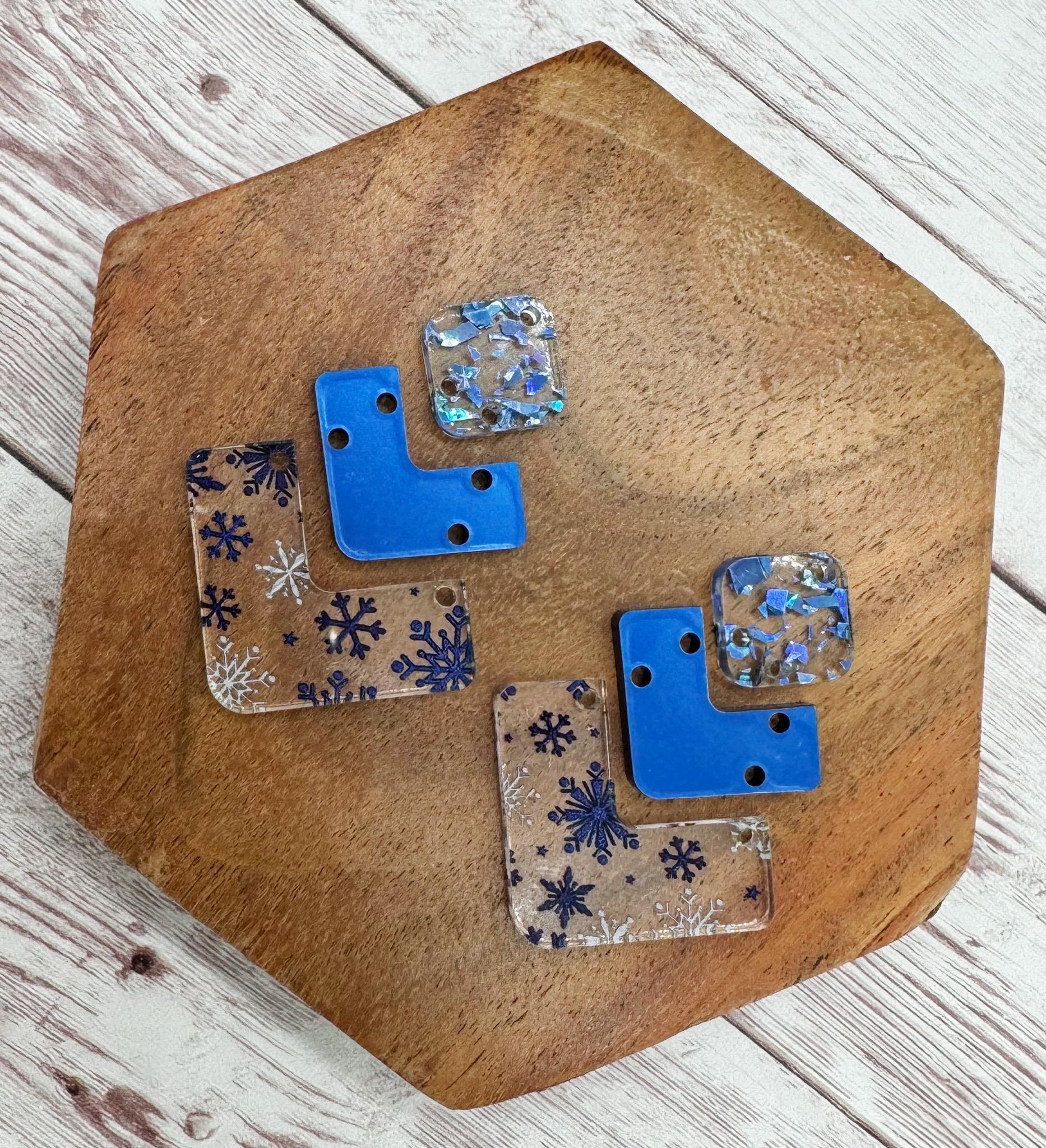 Patterned Blue Snowflake Print Angled Trio Acrylic Earring Blank Set, DIY Jewelry Making