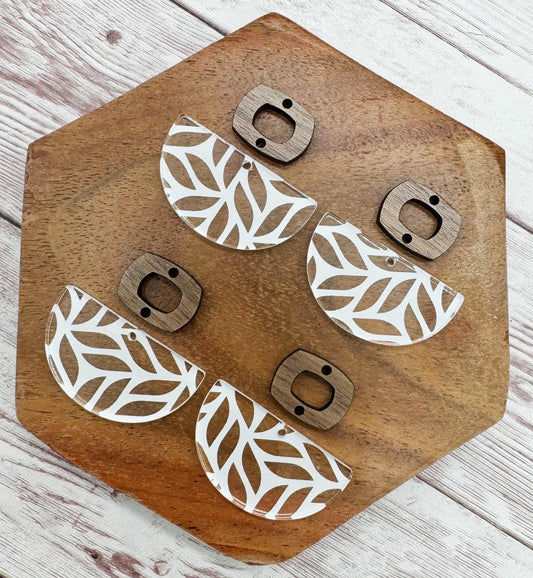 White Leaf Print Acrylic and Wood Boho Connector Set Earring Blanks, DIY Jewelry Making