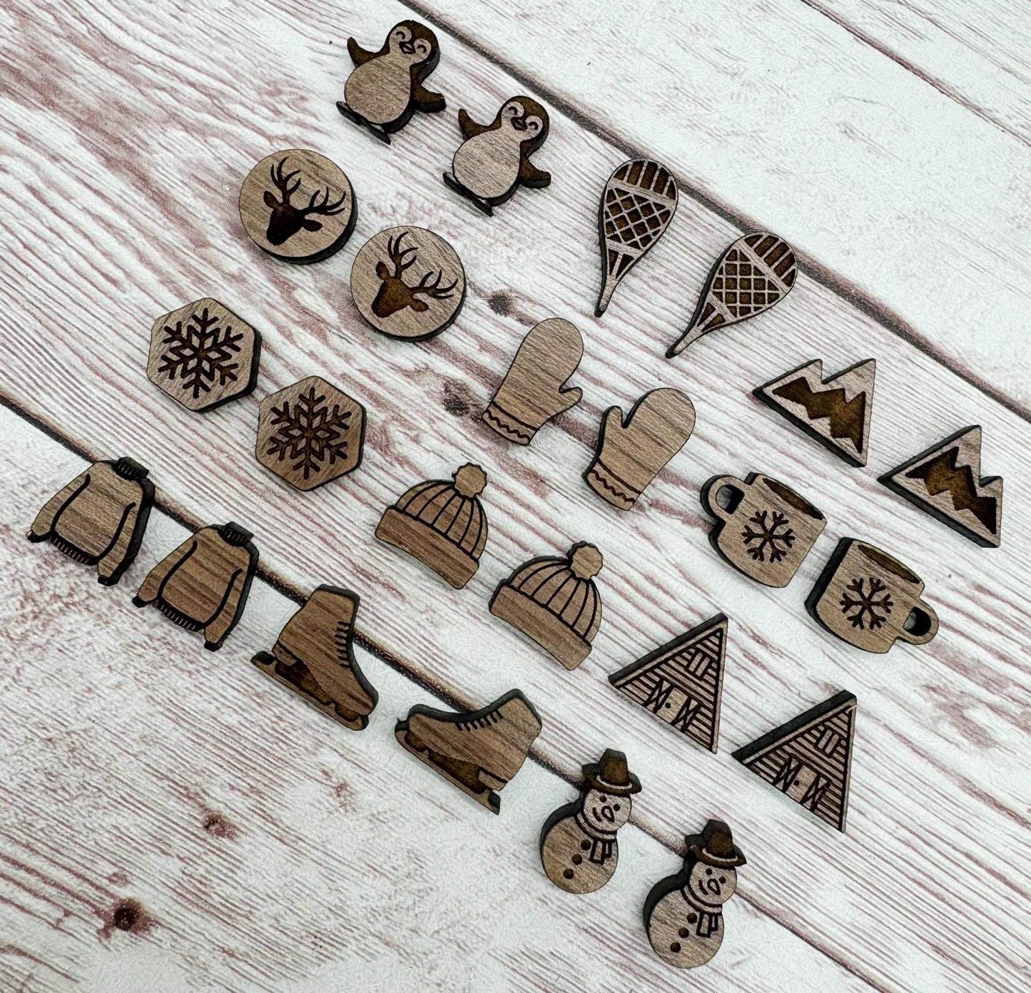 Wood Engraved Winter Christmas Stud Set of 12 Pair Earring Blanks DIY Jewelry Making