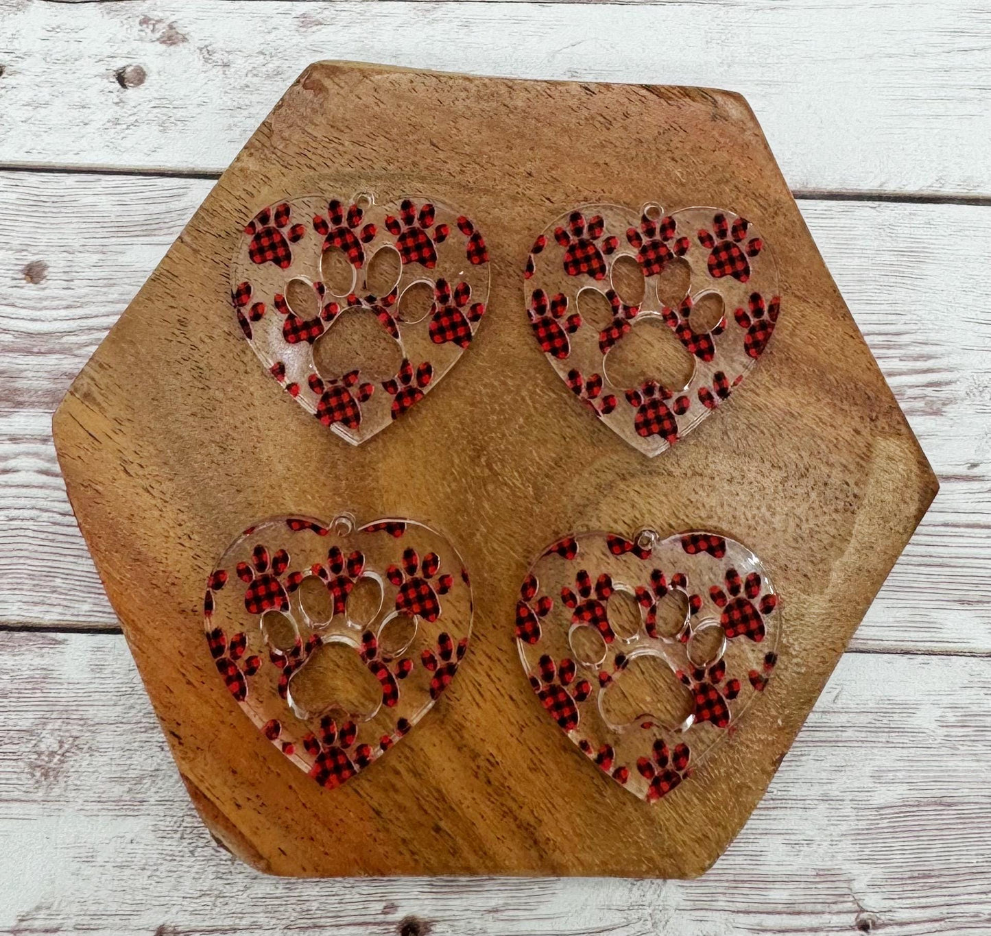 Buffalo Plaid Paw Print Acrylic Heart Shape Earring Blanks, DIY Jewelry Making