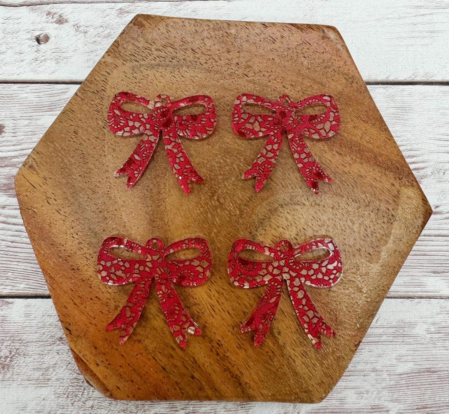 Red Lace Print Acrylic Christmas Bow Earring Blanks Set of 2 Pair DIY Jewelry Making