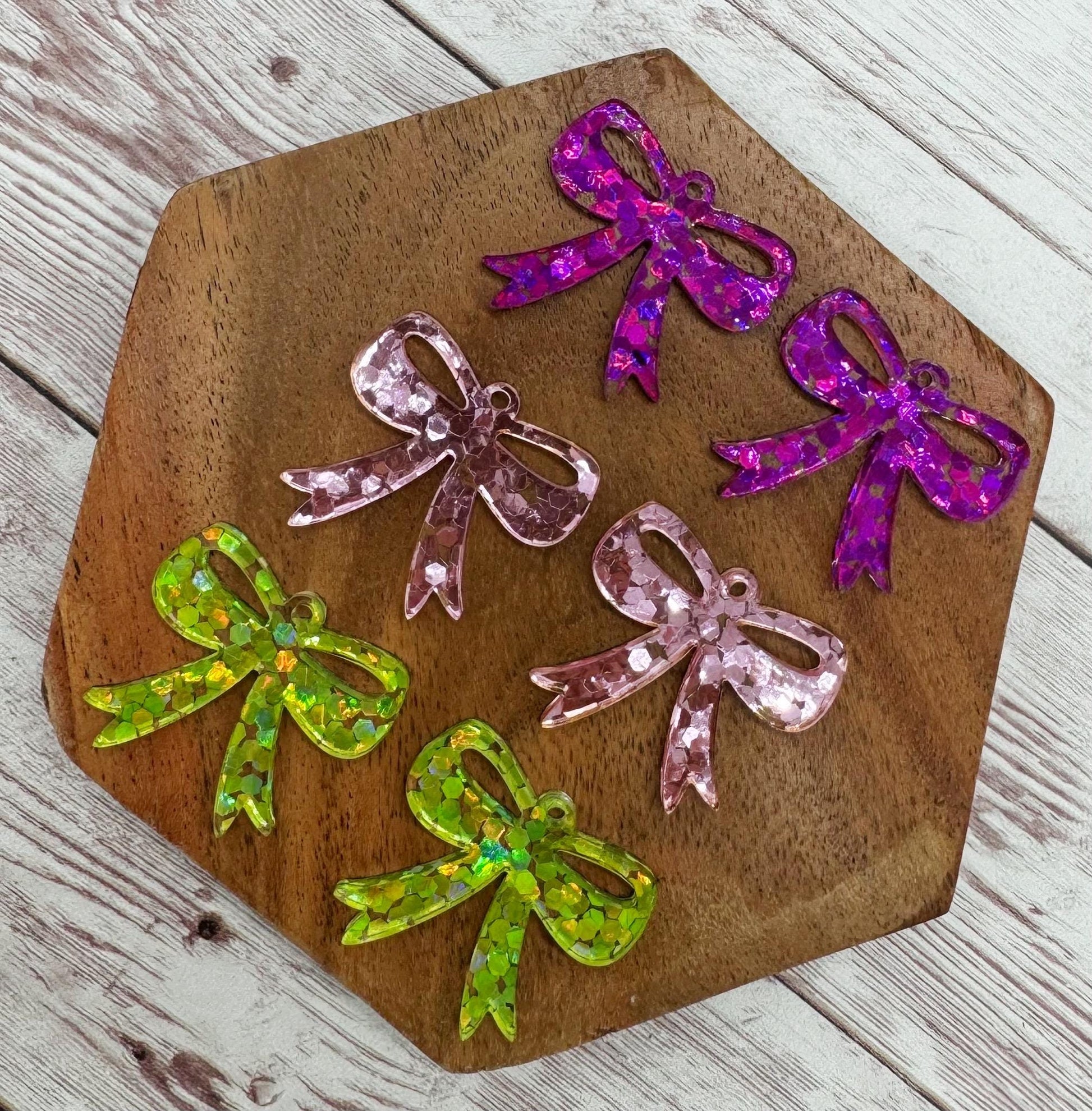 Purple Pink Green Chunky Glitter Acrylic Bow Earring Blanks Set of 3 Pair DIY Jewelry Making