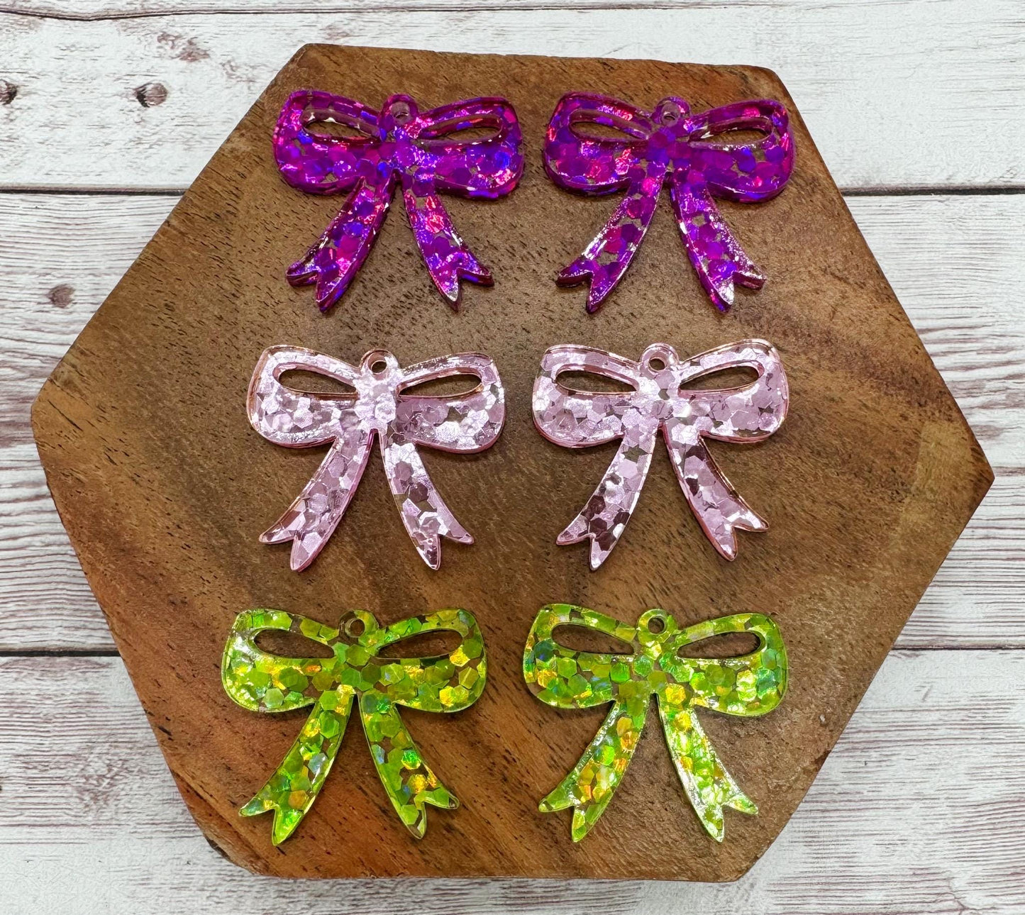 Purple Pink Green Chunky Glitter Acrylic Bow Earring Blanks Set of 3 Pair DIY Jewelry Making