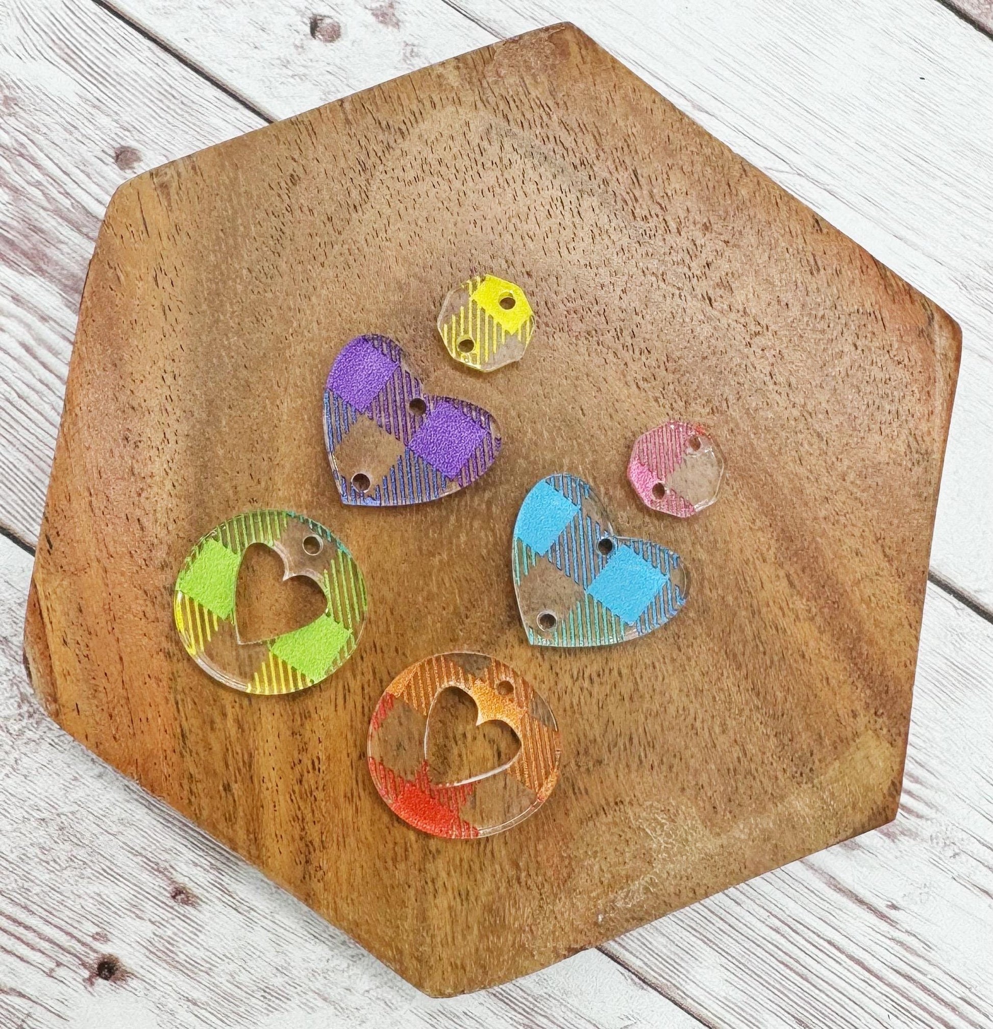 Rainbow Plaid Print Acrylic Heart Valentine Trio Earring Blanks, DIY Jewelry Making