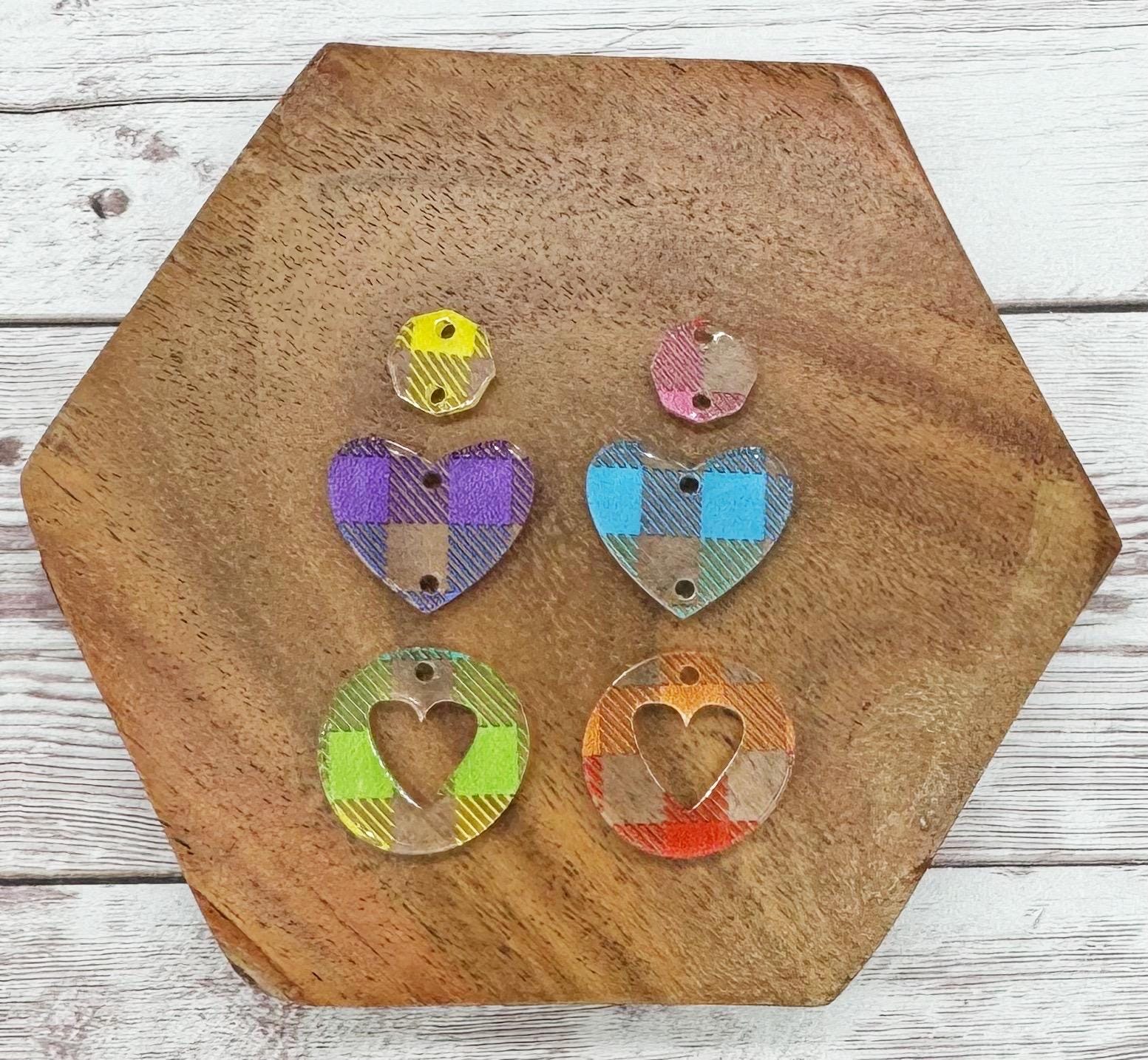 Rainbow Plaid Print Acrylic Heart Valentine Trio Earring Blanks, DIY Jewelry Making