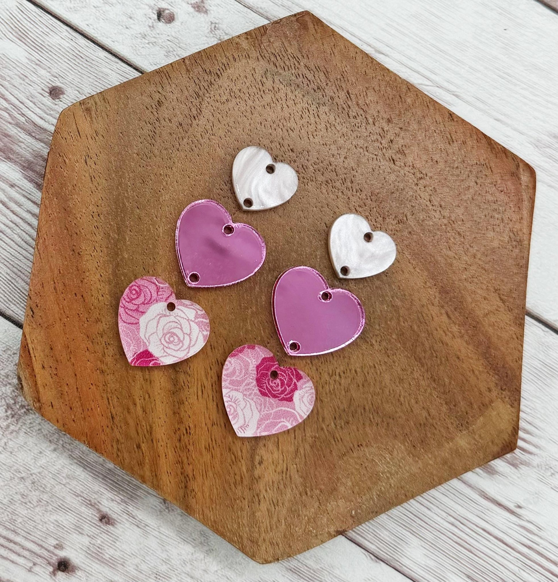 Rose Print Acrylic Pink Mirror Heart Valentine Trio Earring Blanks, DIY Jewelry Making