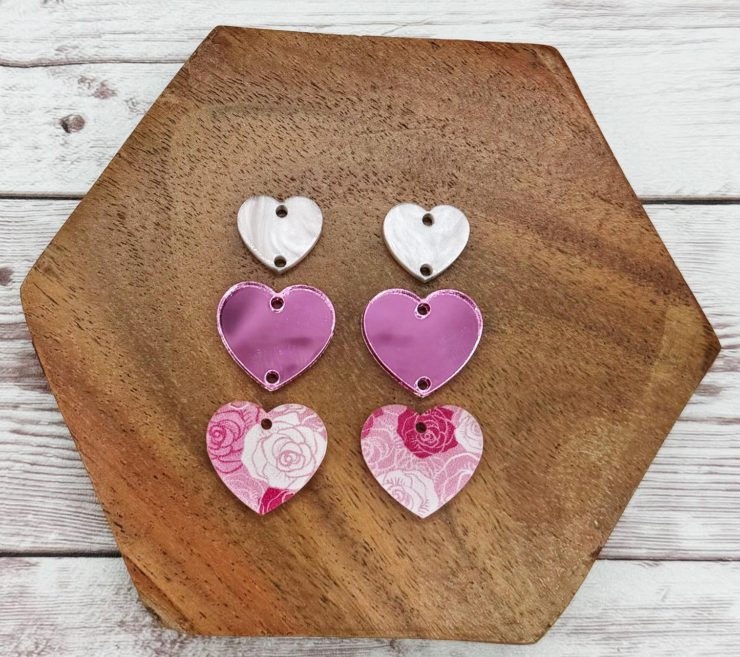 Rose Print Acrylic Pink Mirror Heart Valentine Trio Earring Blanks, DIY Jewelry Making