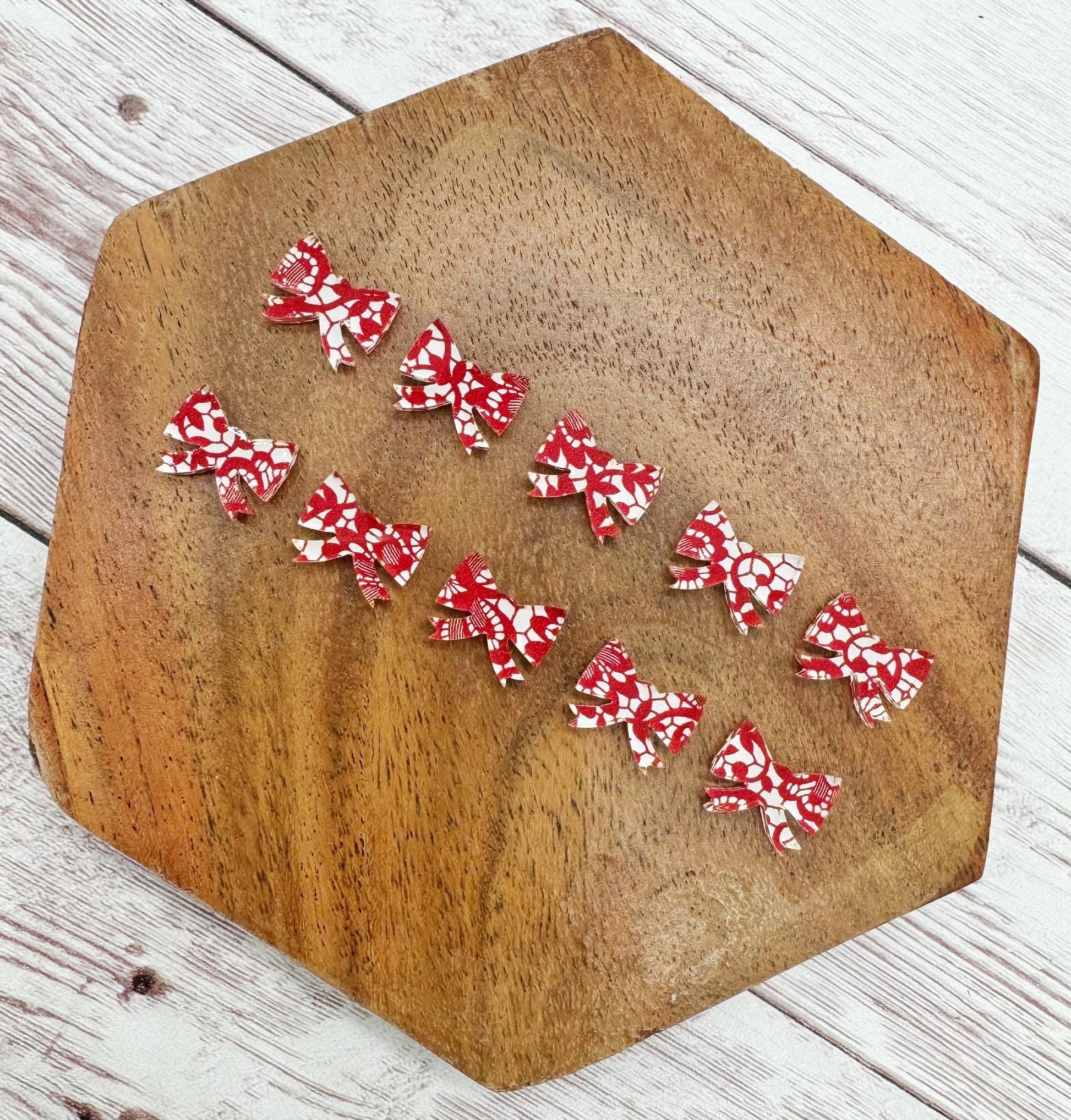 Red and White Lace Print Acrylic Christmas Bow Stud Earring Blanks Set of 5 Pair DIY Jewelry Making