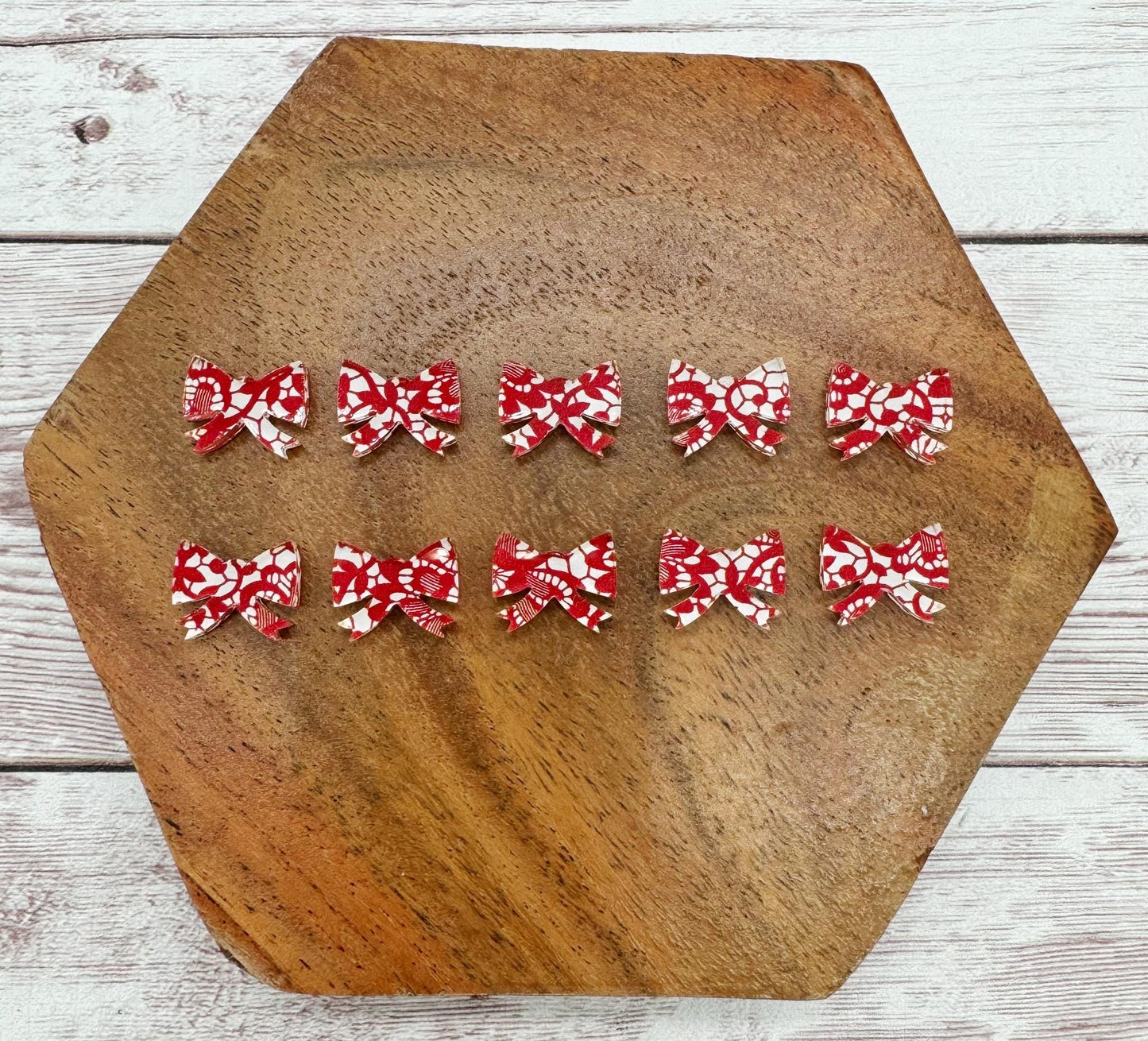 Red and White Lace Print Acrylic Christmas Bow Stud Earring Blanks Set of 5 Pair DIY Jewelry Making