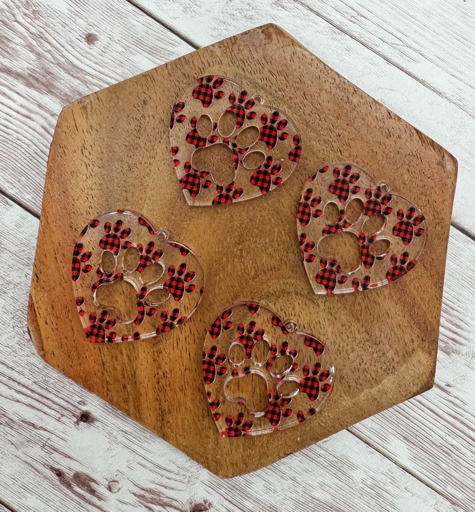 Buffalo Plaid Paw Print Acrylic Heart Shape Earring Blanks, DIY Jewelry Making