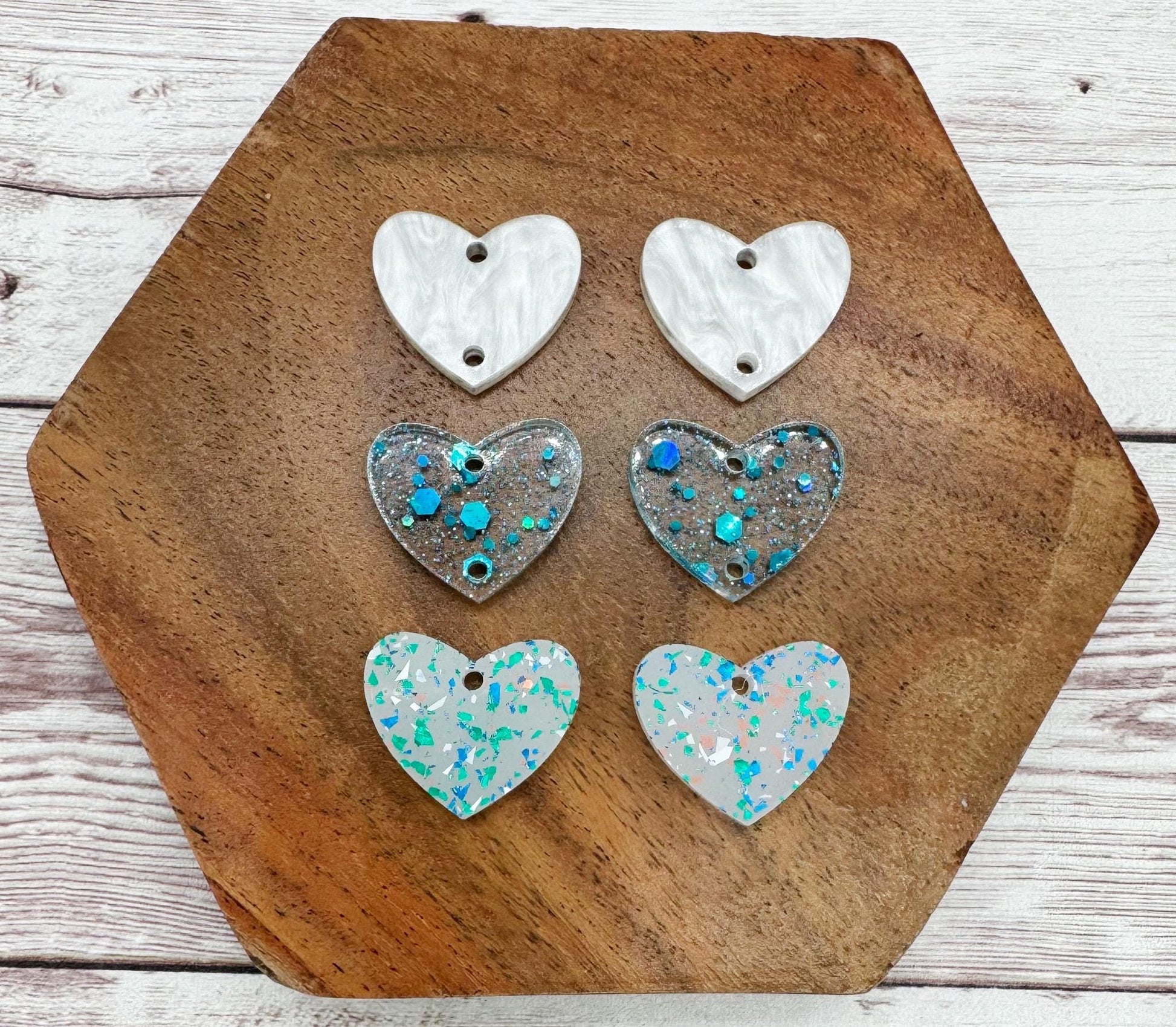Blue Green Beach Tone Acrylic Heart Valentine Trio Earring Blanks, DIY Jewelry Making